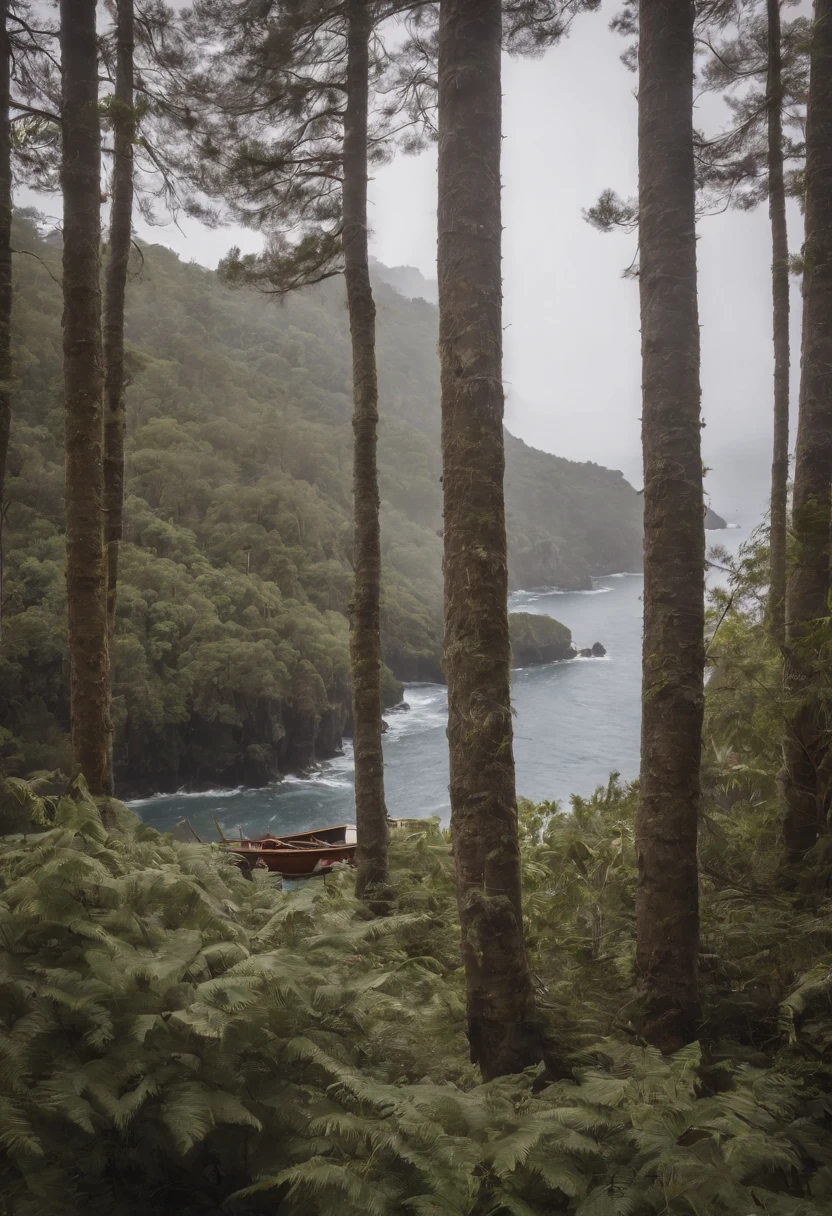 imagem em alta qualidade, A sea in the immensity, An image in the immensity with trees and forests that form a heart and in the center, a direita um barco guiado por um poeta, mar de sangue, poeta sobre a maresia de um mar de sangue, mar grande, poeta escrevendo, homem escrevendo, home no barco escrevendo, mar, Heart