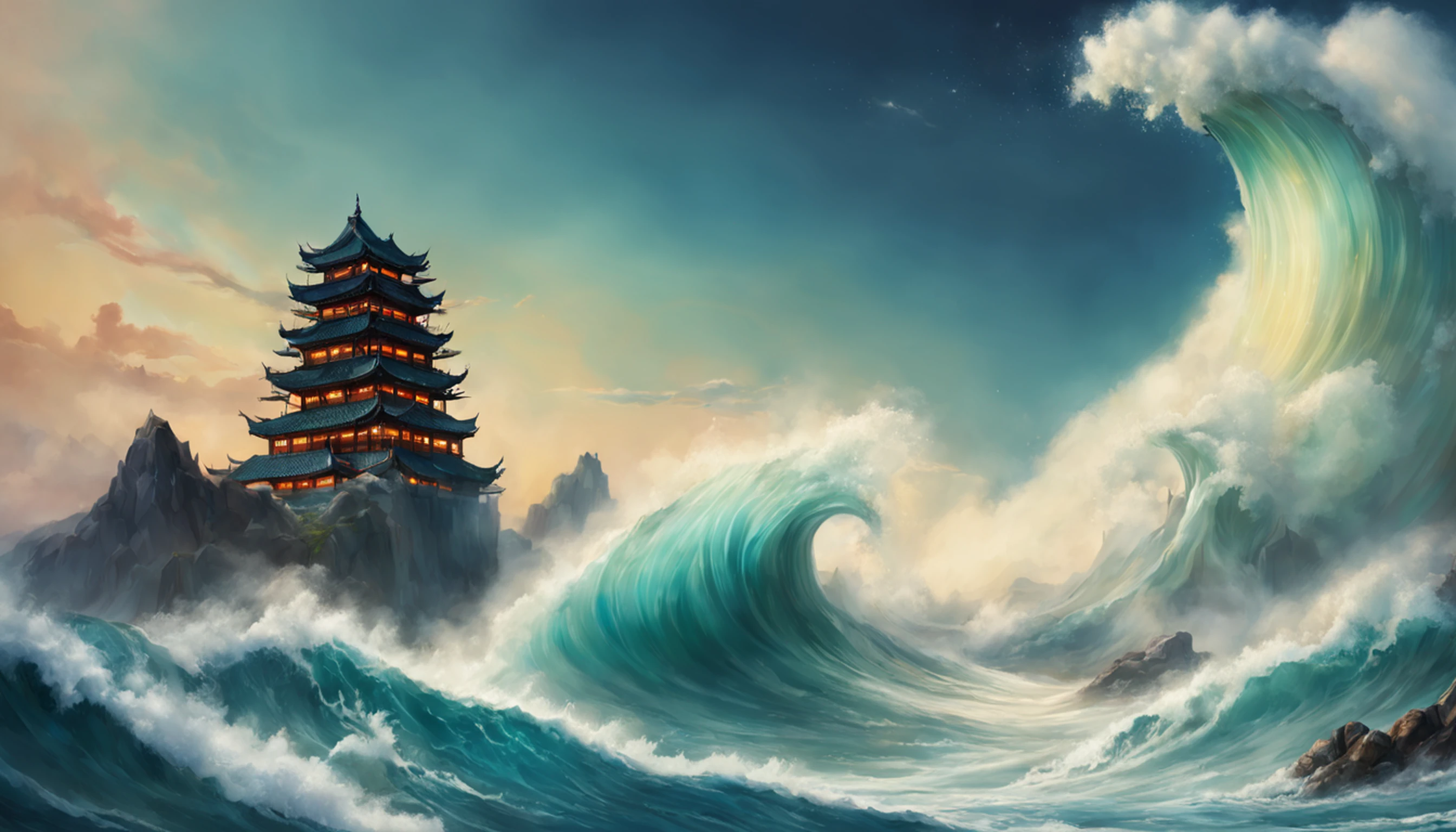 Estilo Vickers, The graphics in the poster design are ocean colors, Chinese dragon in ink painting,, um monge budista orando pacificamente, Like a water god, Viver no Mar do Norte, Controle tempestades no mar, An Ancient Chinese God, Super afiado,Realistic details,nuvens auspiciosas, profundidade de campos, Raio de Deus, fantasia colorir, Romantismo lain, art-deco, Cinematic lighting, profundidade de campo, brilho, deus luz, ray tracing, ultra-grande angular, perspectiva em primeira pessoa, Arremesso longo, hiper HD, alta qualidade, detalhes altos, pele texturizada, melhor qualidade