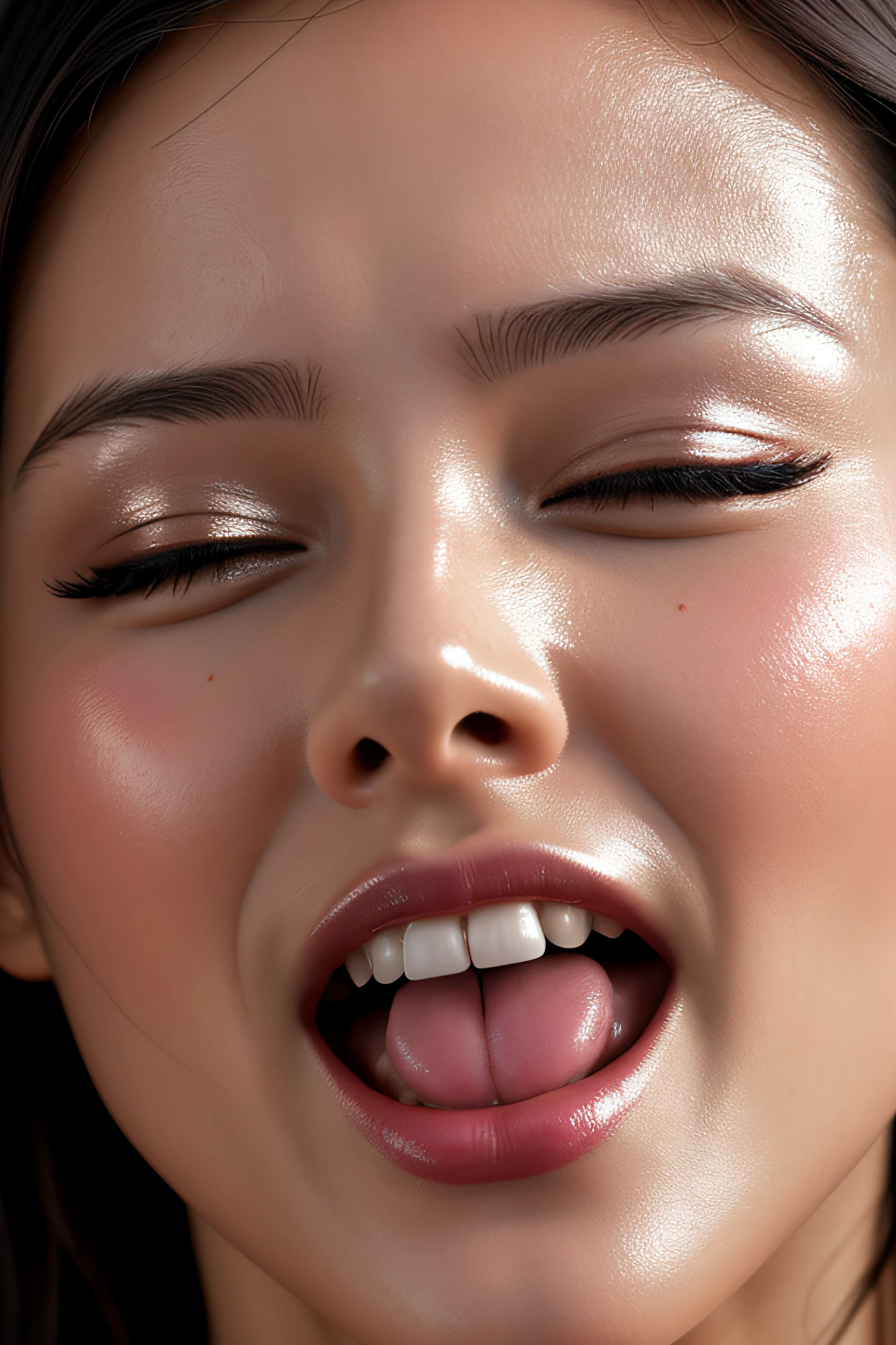 Tabletop,,Award-winning photo, Very detailed, Sharp focus on the eyes, Nose and mouth,Face Focus, Woman with open mouth and closed eyes, blue camisole、Age 35,Black-haired、Symmetrical face,Realistic nostrils、Angle from below,,Sweaty skin、Lighting that highlights sweaty skin,Skin shiny with sweat、Glowing Skin、Sweaty hair,Beautiful Japanese actresses,smile,(Super wet skin)((ahegao,,Sticking out tongue,Long Tongue,))((Realistic eyelashes with attention to detail))((ahegao, Drooling, Face to face, Textured skin, Anatomically correct, Ultra-high resolution,))Thick tongue,Realistic moisturized skin,(((Long Tongue)))Anatomically correct tongue shape,