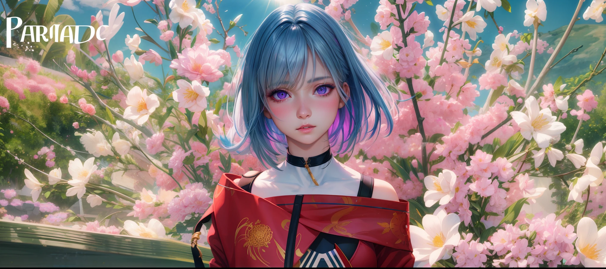 realistic, 1girl, white hair, purple eyes, glowing eyes, crop top, skirt, parted lips, blush, night, flowers, sun, sunlight,