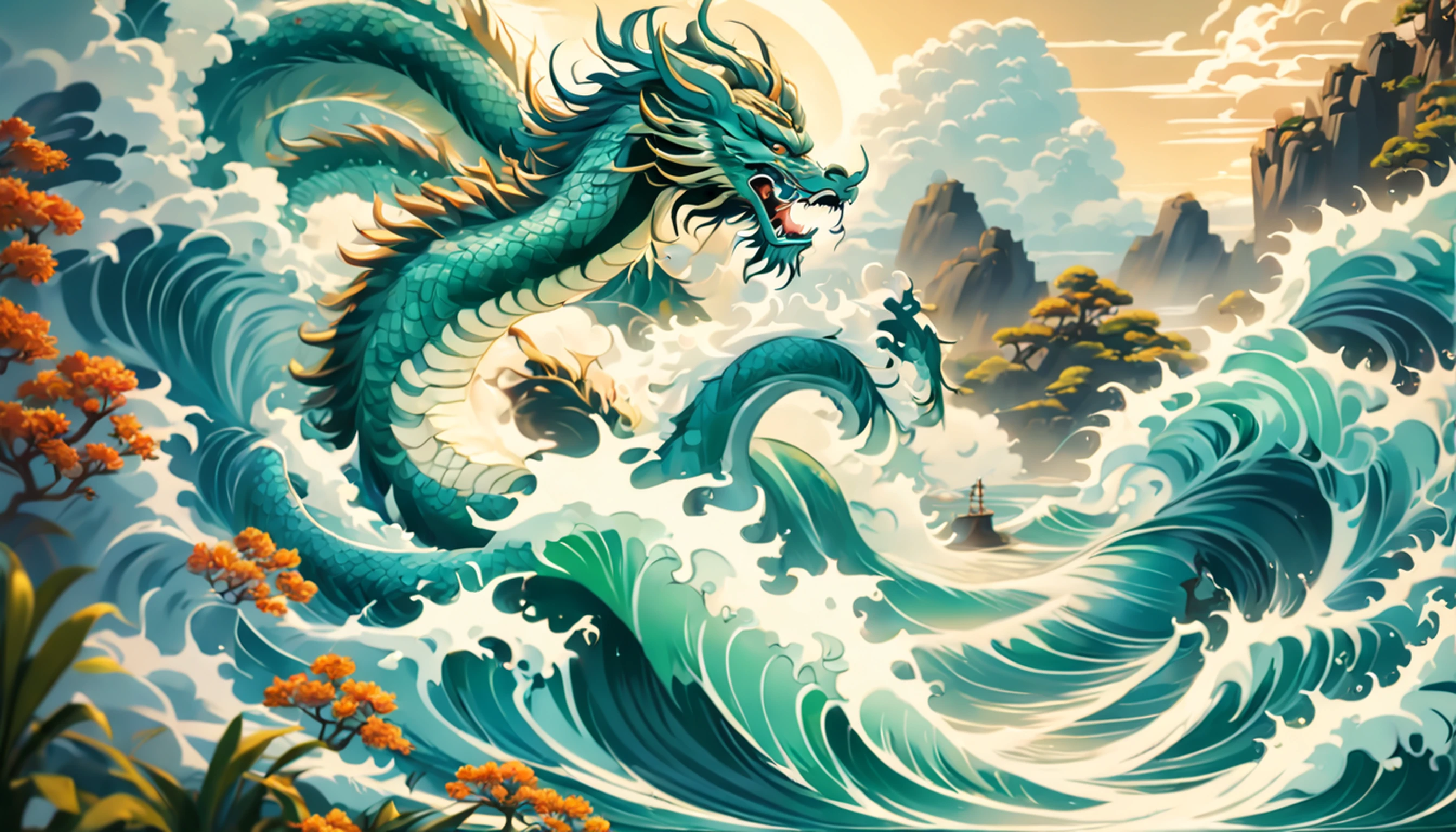 Estilo Vickers, The graphics in the poster design are ocean colors, Chinese dragon in ink painting,, um monge budista orando pacificamente, Like a water god, Viver no Mar do Norte, Controle tempestades no mar, An Ancient Chinese God, Super afiado,Realistic details,nuvens auspiciosas, profundidade de campos, Raio de Deus, fantasia colorir, Romantismo lain, art-deco, Cinematic lighting, profundidade de campo, brilho, deus luz, ray tracing, ultra-grande angular, perspectiva em primeira pessoa, Arremesso longo, hiper HD, alta qualidade, detalhes altos, pele texturizada, melhor qualidade
