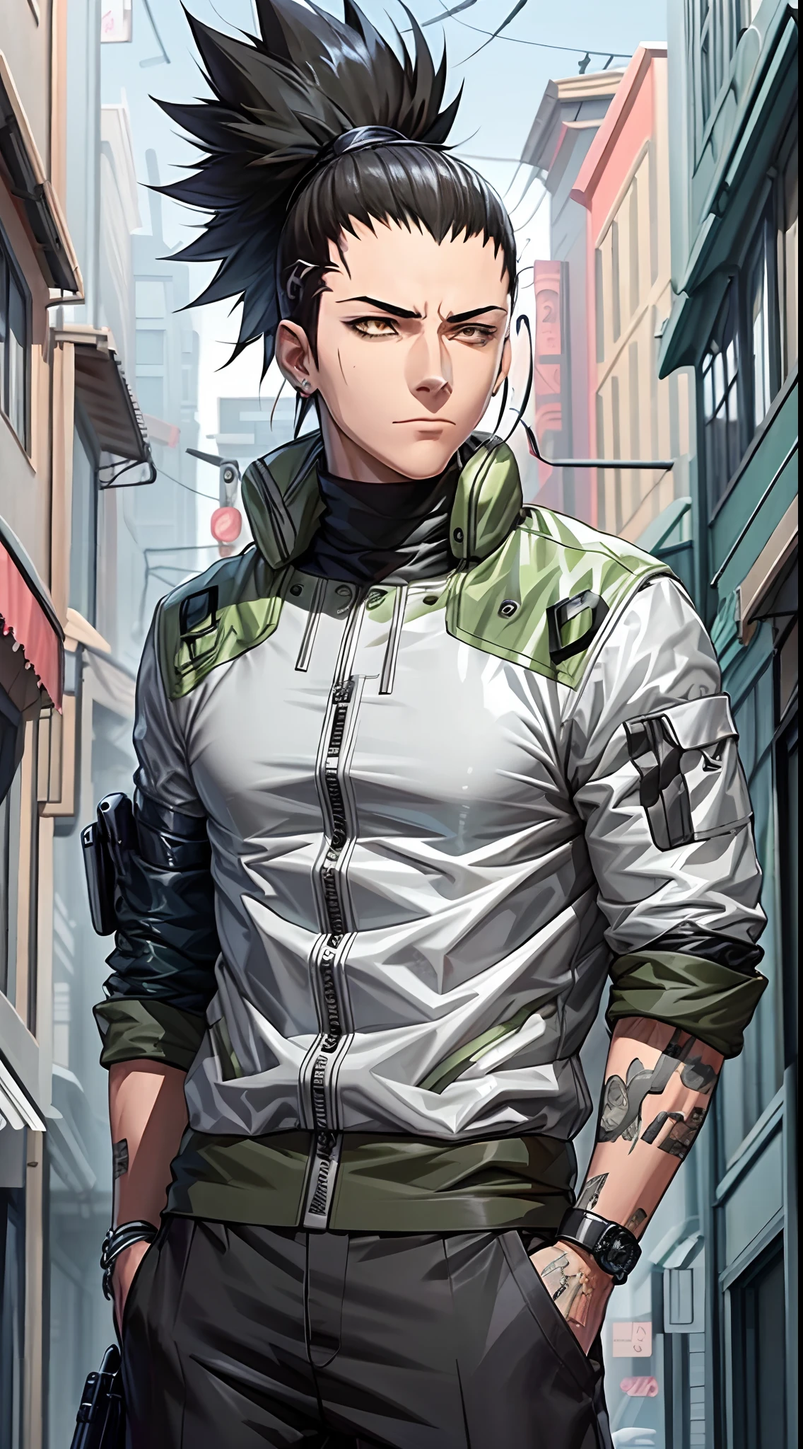 Masterpiece, 1boy, Superb Style, cyberpunk style, Streetwear clothes, Outdoor, Upper Body, Shikamaru nara, bright eyes, black hair, cool boy