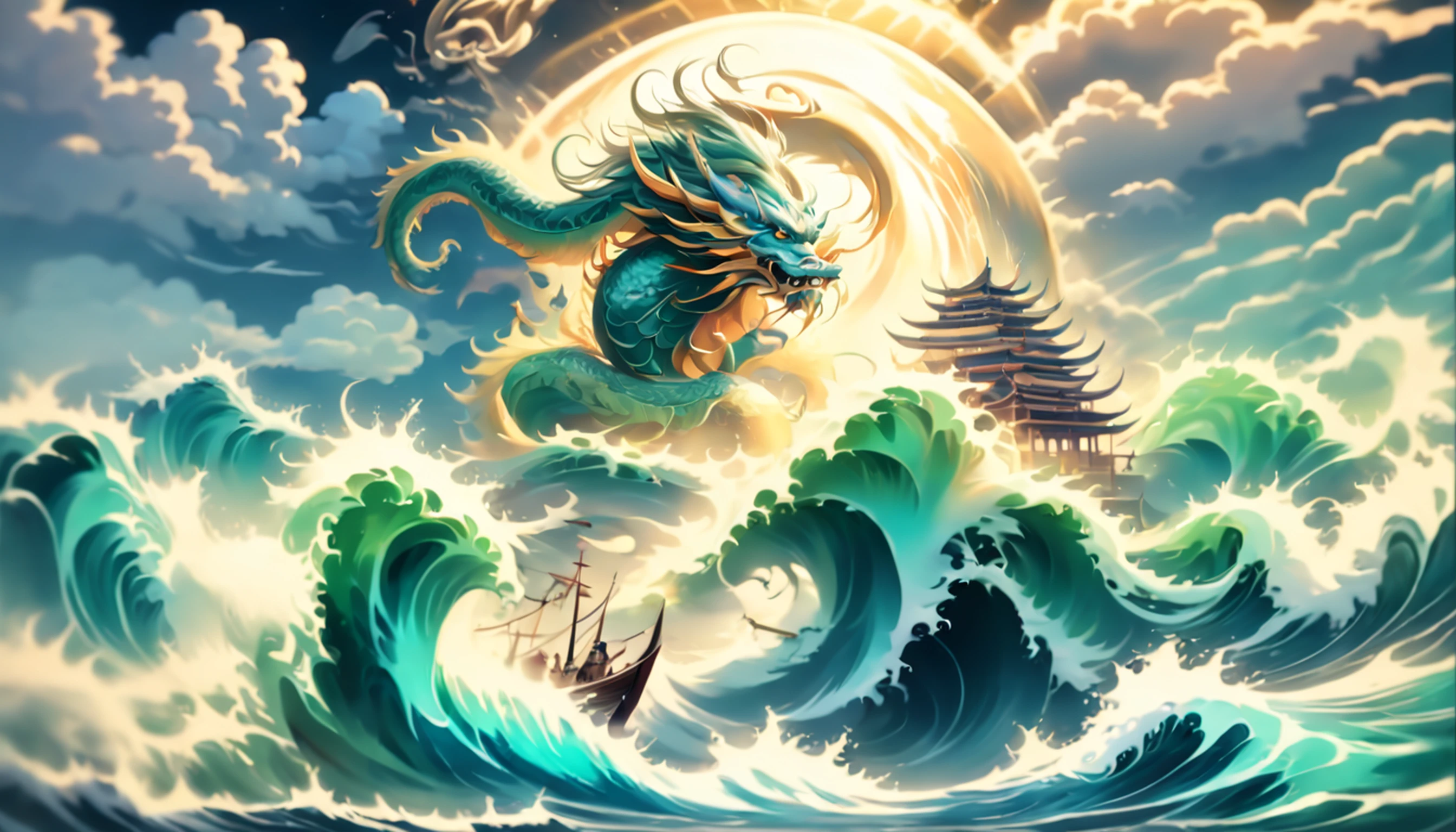 Estilo Vickers, The graphics in the poster design are ocean colors, Chinese dragon in ink painting,, um monge budista orando pacificamente, Like a water god, Viver no Mar do Norte, Controle tempestades no mar, An Ancient Chinese God, Super afiado,Realistic details,nuvens auspiciosas, profundidade de campos, Raio de Deus, fantasia colorir, Romantismo lain, art-deco, Cinematic lighting, profundidade de campo, brilho, deus luz, ray tracing, ultra-grande angular, perspectiva em primeira pessoa, Arremesso longo, hiper HD, alta qualidade, detalhes altos, pele texturizada, melhor qualidade