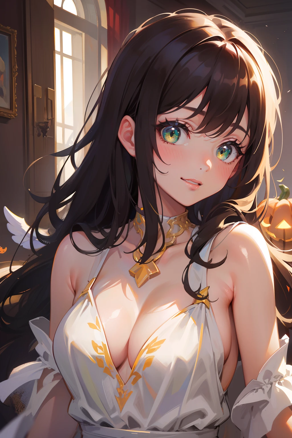 (masterpiece), (best quality), ultra high res, sharp focus, natural lightning, soft shadow, upper body, medium long shot, mls, ((1 mature woman, solo)), very stunning and gorgeous mature woman, beautiful detailed hair, brown brunette hair, long hair, beautiful detailed face, perfect beautiful face, look at the viewer, smiles, comfortable face, (perfect beautiful eyes, green eyes), feminine pure white dress, angel wings on back, Halloween season
