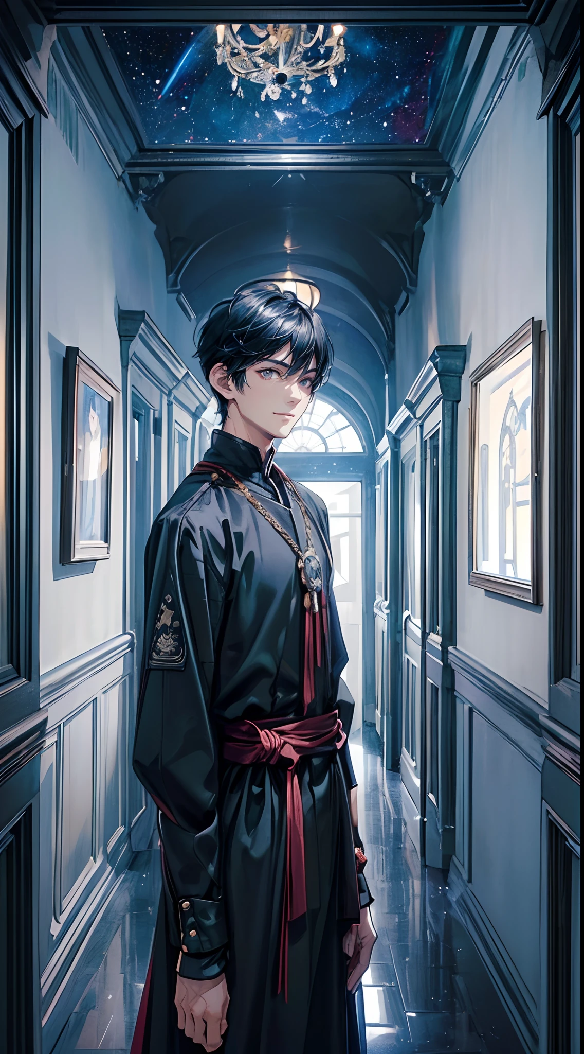 ((4K works))、​masterpiece、(top-quality)、One Beautiful Fallen Angel Boy、Slim body、tall、((Attractive British style))、(Detailed beautiful eyes)、((mid night))、In the English corridor、Castle inhabited by villains、Black shop window、Corridor at night、((You can see the starry sky from the window))、((dark sky))、((English corridors))、((Shot in a corridor in England))、mid night、((Short-haired black hair))、((Smaller face))、((Wild face))、((White eyes))、((American adult male))、((Adult male 26 years old))、((Cool Men))、((Like a celebrity))、((Smiling expression))、((Korean Makeup))、((elongated and sharp eyes))、((Happy dating))、((boyish))、((Upper body photography))、Professional Photos、((Shot alone))、((Shot from diagonally in front))、((Shot in close proximity to him))、((Focus zoom in))、((He is standing in the hallway))