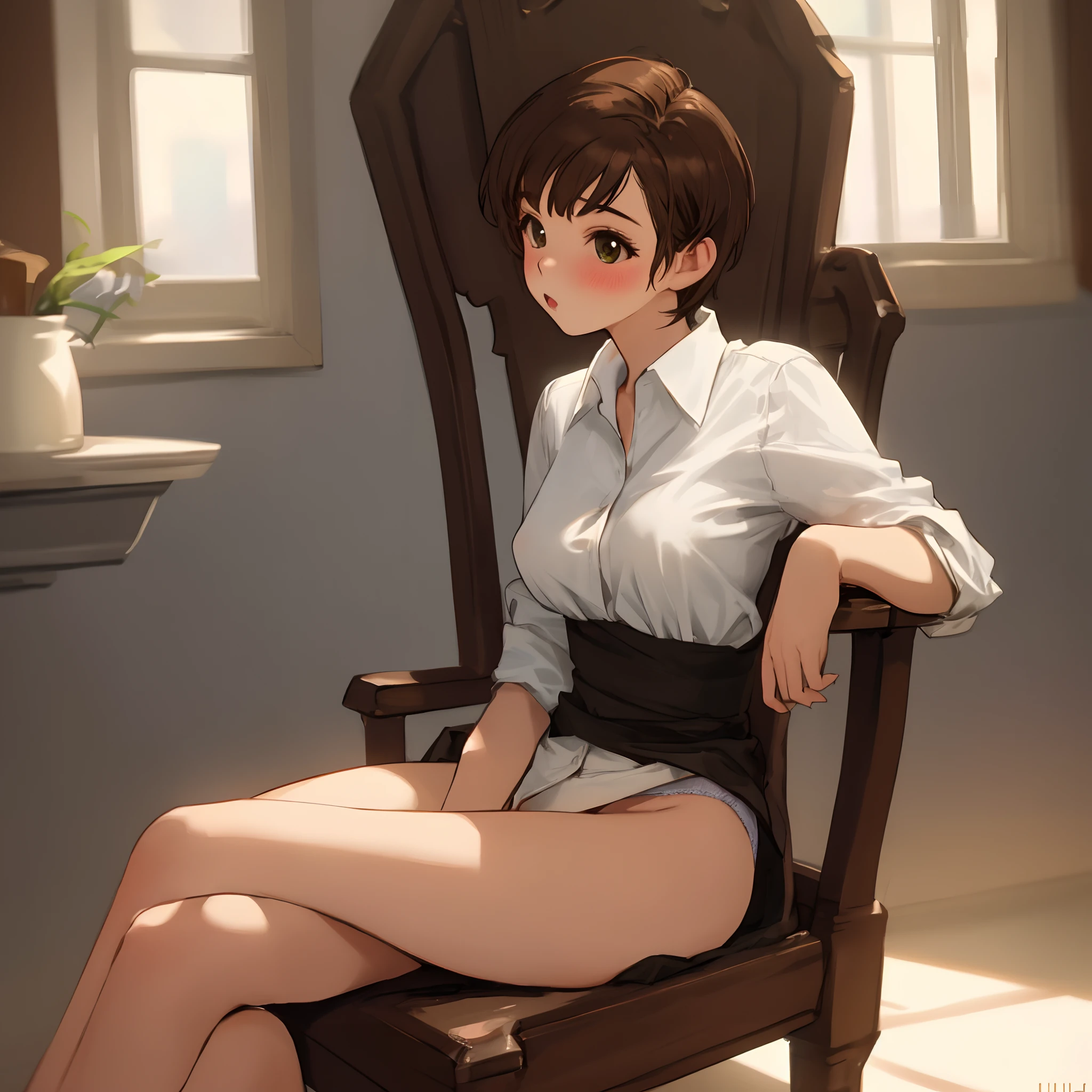 Girl, brown hair, Short hair, sitting in the chair, panties, white shirt, sexy, little boobs, looking to the side