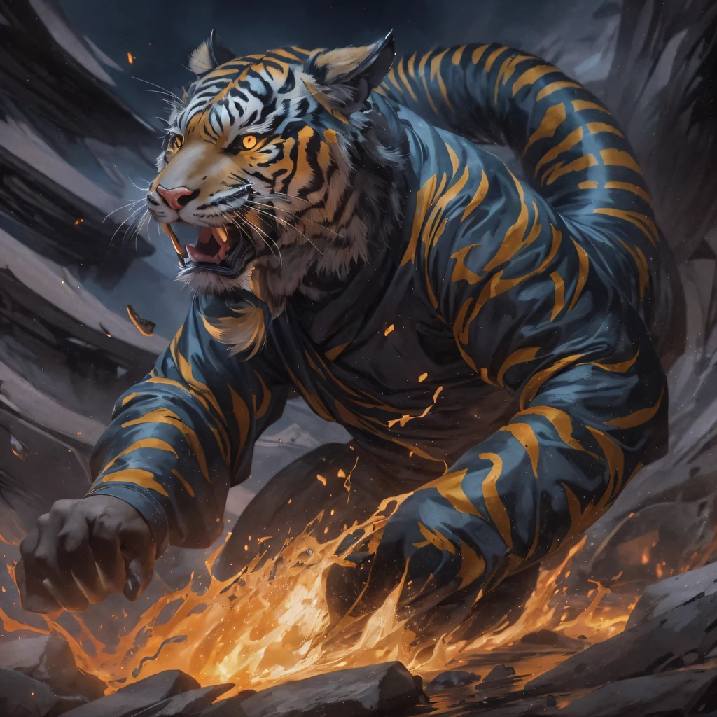 Night Tiger Demon 32K，Phoenix Immortal Demon Realm, Chance encounter with Liu Hanshu, He saw in him his former self, It was decided to take him as an apprentice, Teach him how to protect himself, But because of the Tibetan star map, Phoenix and the Liu family、The Jade Sword Sect establishes relationships, It opens with the death of Liu Hanshu, Qin Yu embarked on the road of confrontation with a strong enemy, Working hard, Make yourself stronger, Stick to your own core path of justice, （Tiger demon）eyes filled with angry，The monitor lizard clenched its fists，Rush up，Deliver a fatal blow to your opponent，full bodyesbian，Full body Night Tiger Demon Male Mage 32K（Masterpiece Canyon Ultra HD）Night Tiger Demon（canyons）Climb the streets， The scene of the explosion（canyons）， （Night）， The angry fighting stance of the Night Tiger Demon， looking at the ground， Batik linen bandana， Chinese python pattern long-sleeved garment， canyons（Abstract propylene splash：1.2）， Dark clouds lightning background，Flour flies（realisticlying：1.4），Black color hair，Flour fluttering，rainbow background， A high resolution， the detail， RAW photogr， Sharp Re， Nikon D850 Film Stock Photo by Jefferies Lee 4 Kodak Portra 400 Camera F1.6 shots, Rich colors, ultra-realistic vivid textures, Dramatic lighting, Unreal Engine Art Station Trend, cinestir 800，Flowing black hair,（（（Jungle Canyon）））The wounded lined up in the streets（vale）Climb the streets，Movie master real-time image quality（tmasterpiece，k hd，hyper HD，32K）Night Tiger Demon（Linen batik scarf）， Combat posture， looking at the ground， Linen bandana， Chinese night tiger demon pattern long-sleeved clothing，Night Tiger Demon（Abstract gouache splash：1.2）， Dark clouds lightning background，sprinkling