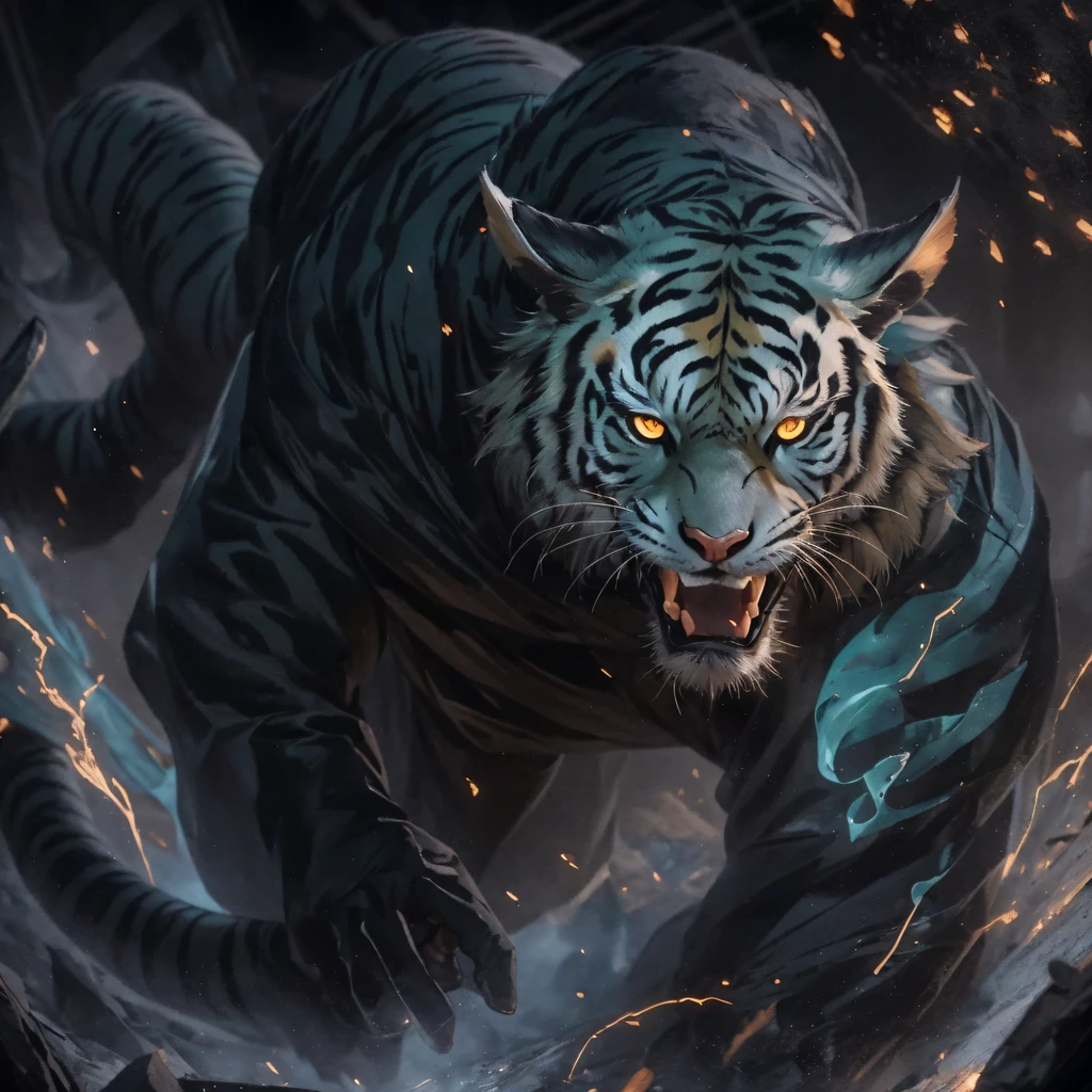 Night Tiger Demon 32K，Phoenix Immortal Demon Realm, Chance encounter with Liu Hanshu, He saw in him his former self, It was decided to take him as an apprentice, Teach him how to protect himself, But because of the Tibetan star map, Phoenix and the Liu family、The Jade Sword Sect establishes relationships, It opens with the death of Liu Hanshu, Qin Yu embarked on the road of confrontation with a strong enemy, Working hard, Make yourself stronger, Stick to your own core path of justice, （Tiger demon）eyes filled with angry，The monitor lizard clenched its fists，Rush up，Deliver a fatal blow to your opponent，full bodyesbian，Full body Night Tiger Demon Male Mage 32K（Masterpiece Canyon Ultra HD）Night Tiger Demon（canyons）Climb the streets， The scene of the explosion（canyons）， （Night）， The angry fighting stance of the Night Tiger Demon， looking at the ground， Batik linen bandana， Chinese python pattern long-sleeved garment， canyons（Abstract propylene splash：1.2）， Dark clouds lightning background，Flour flies（realisticlying：1.4），Black color hair，Flour fluttering，rainbow background， A high resolution， the detail， RAW photogr， Sharp Re， Nikon D850 Film Stock Photo by Jefferies Lee 4 Kodak Portra 400 Camera F1.6 shots, Rich colors, ultra-realistic vivid textures, Dramatic lighting, Unreal Engine Art Station Trend, cinestir 800，Flowing black hair,（（（Jungle Canyon）））The wounded lined up in the streets（vale）Climb the streets，Movie master real-time image quality（tmasterpiece，k hd，hyper HD，32K）Night Tiger Demon（Linen batik scarf）， Combat posture， looking at the ground， Linen bandana， Chinese night tiger demon pattern long-sleeved clothing，Night Tiger Demon（Abstract gouache splash：1.2）， Dark clouds lightning background，sprinkling