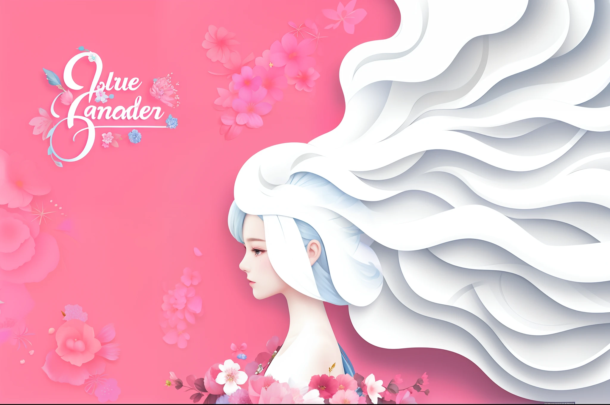blue background, a woman with long hair and flowers on a pink background, perky woman made of petals, jen bartel, she is happy, illustration!, a woman's profile, by Gwen Barnard, woman in flowers, holiday season, woman silhouette, digital art - w 700, blue background, - h 8 5 0 - w 6 0 0, woman's profile