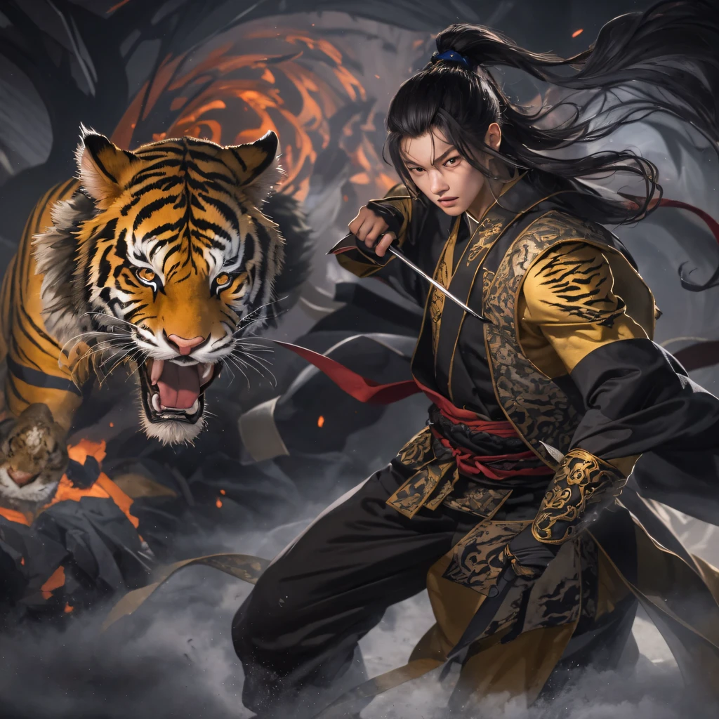 Night Tiger Demon 32K，Phoenix Immortal Demon Realm, Chance encounter with Liu Hanshu, He saw in him his former self, It was decided to take him as an apprentice, Teach him how to protect himself, But because of the Tibetan star map, Phoenix and the Liu family、The Jade Sword Sect establishes relationships, It opens with the death of Liu Hanshu, Qin Yu embarked on the road of confrontation with a strong enemy, Working hard, Make yourself stronger, Stick to your own core path of justice, （Tiger demon）eyes filled with angry，The monitor lizard clenched its fists，Rush up，Deliver a fatal blow to your opponent，full bodyesbian，Full body Night Tiger Demon Male Mage 32K（Masterpiece Canyon Ultra HD）Night Tiger Demon（canyons）Climb the streets， The scene of the explosion（canyons）， （Night）， The angry fighting stance of the Night Tiger Demon， looking at the ground， Batik linen bandana， Chinese python pattern long-sleeved garment， canyons（Abstract propylene splash：1.2）， Dark clouds lightning background，Flour flies（realisticlying：1.4），Black color hair，Flour fluttering，rainbow background， A high resolution， the detail， RAW photogr， Sharp Re， Nikon D850 Film Stock Photo by Jefferies Lee 4 Kodak Portra 400 Camera F1.6 shots, Rich colors, ultra-realistic vivid textures, Dramatic lighting, Unreal Engine Art Station Trend, cinestir 800，Flowing black hair,（（（Jungle Canyon）））The wounded lined up in the streets（vale）Climb the streets，Movie master real-time image quality（tmasterpiece，k hd，hyper HD，32K）Night Tiger Demon（Linen batik scarf）， Combat posture， looking at the ground， Linen bandana， Chinese night tiger demon pattern long-sleeved clothing，Night Tiger Demon（Abstract gouache splash：1.2）， Dark clouds lightning background，sprinkling