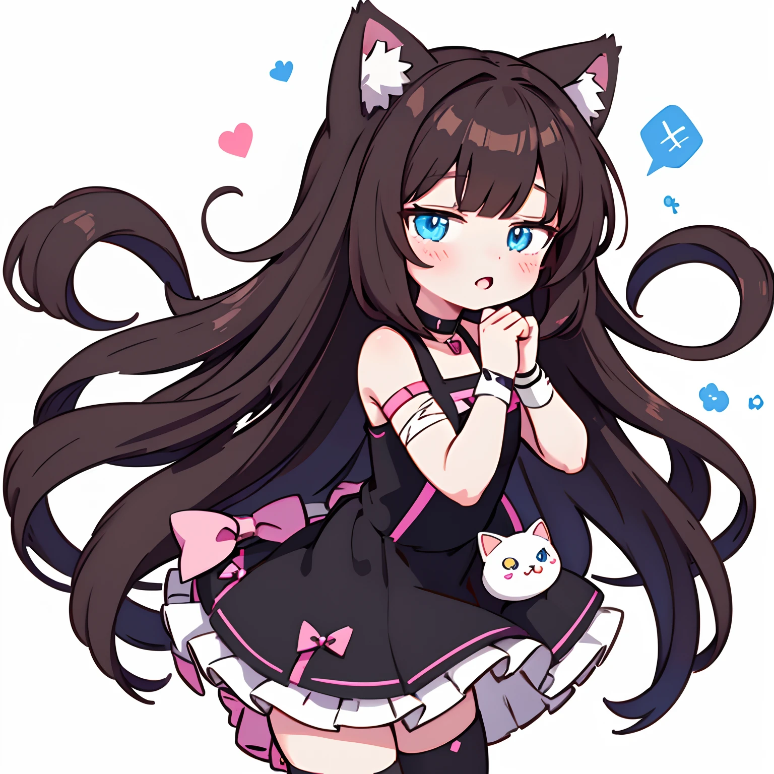 Anime girl with long brown hair, black dress and black stockings, Choker,pink bows on hair, bandages on the hands,cute anime catgirl, anime cat girl, female furry mini cute style, anime style character, flat anime style ,One character,Anime Vtuber Model, anime moe artstyle, white cat girl,blue eyes