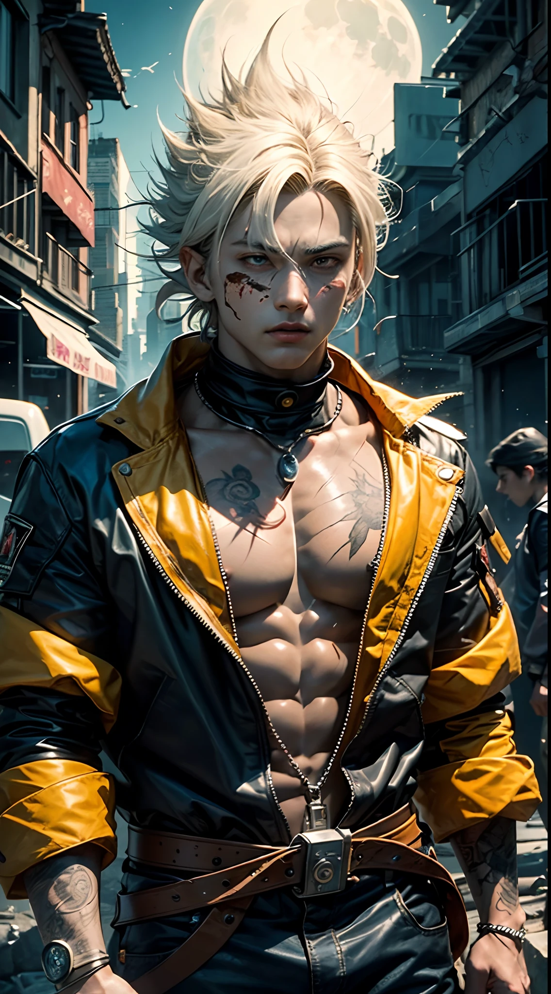 Vemon, the 5, 20 year old super sayagin with fair skin is a true masterpiece of male beauty, anatomically perfect from the modern man standing tall in an abandoned haunted city. Moonlight accentuates your muscles and scars. The landscape is lush and mysterious, with the dark city. Surroundings. The camera details everything. When looking at beautiful eyes, having sexy eyes will attract the opposite His eyes are on the viewer, you can clearly see every little detail and every perfect line, every beautiful skin detail in 8K quality, everyone is captivated by the confidence that exudes from every glance. His head has white hair and his face is painted with meticulous detail using 8K quality images. Is a character in the series Dragon Ball Seven. gliulian art style, highly detailed official artwork, jin shan, official art