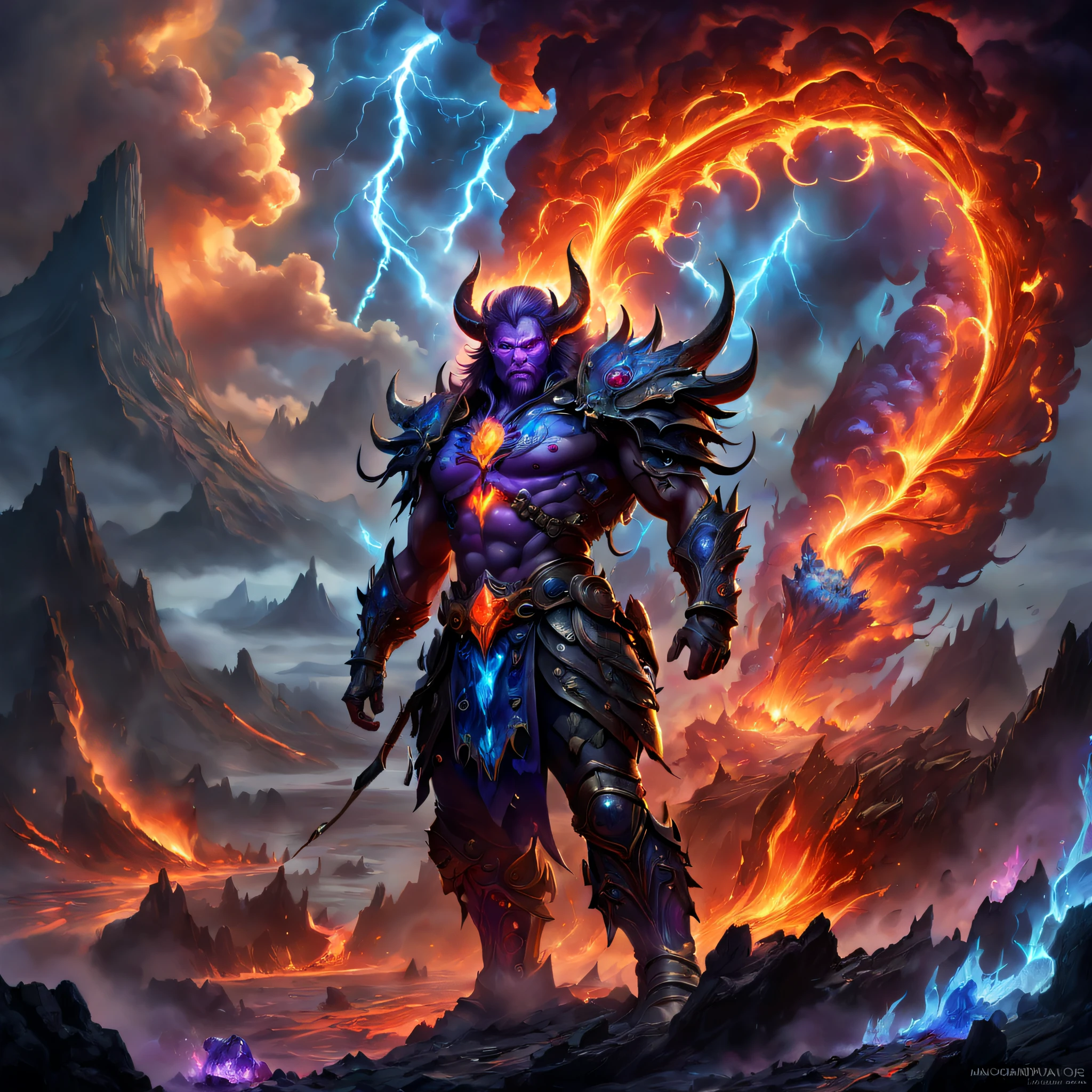 A heavily armed warrior fell from the sky，Doomsday landscape，a volcano erupts，fire glow，blasts，molten lava，A devil's face emerged from the smoke，Liquid lava，Paired with purple and blue, fantasy highly detailed, With gorgeous magic lightning rings, magia, beautiful detailed fantasy, hyper-high detail, , magic fantasy highly detailed, stuning fantasy 3 d render, Inspired by L. Highly detailed aesthetics, hyper-high detail，ssee-through，depth of fields，((Masterpiece))，(Best quality))，Magnificent space image scene，Beautiful and colorful crystals，surrealism, Super detail, ccurate, Best quality, hyper HD, Masterpiece, Anatomically correct, A high resolution, 16k