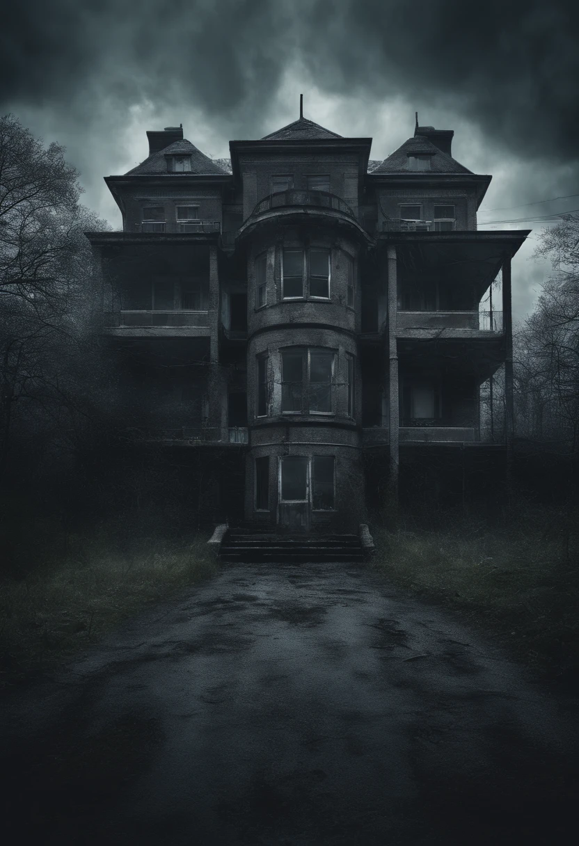 8k realistic image of a sinister sanatorium under a storm, horror film photography