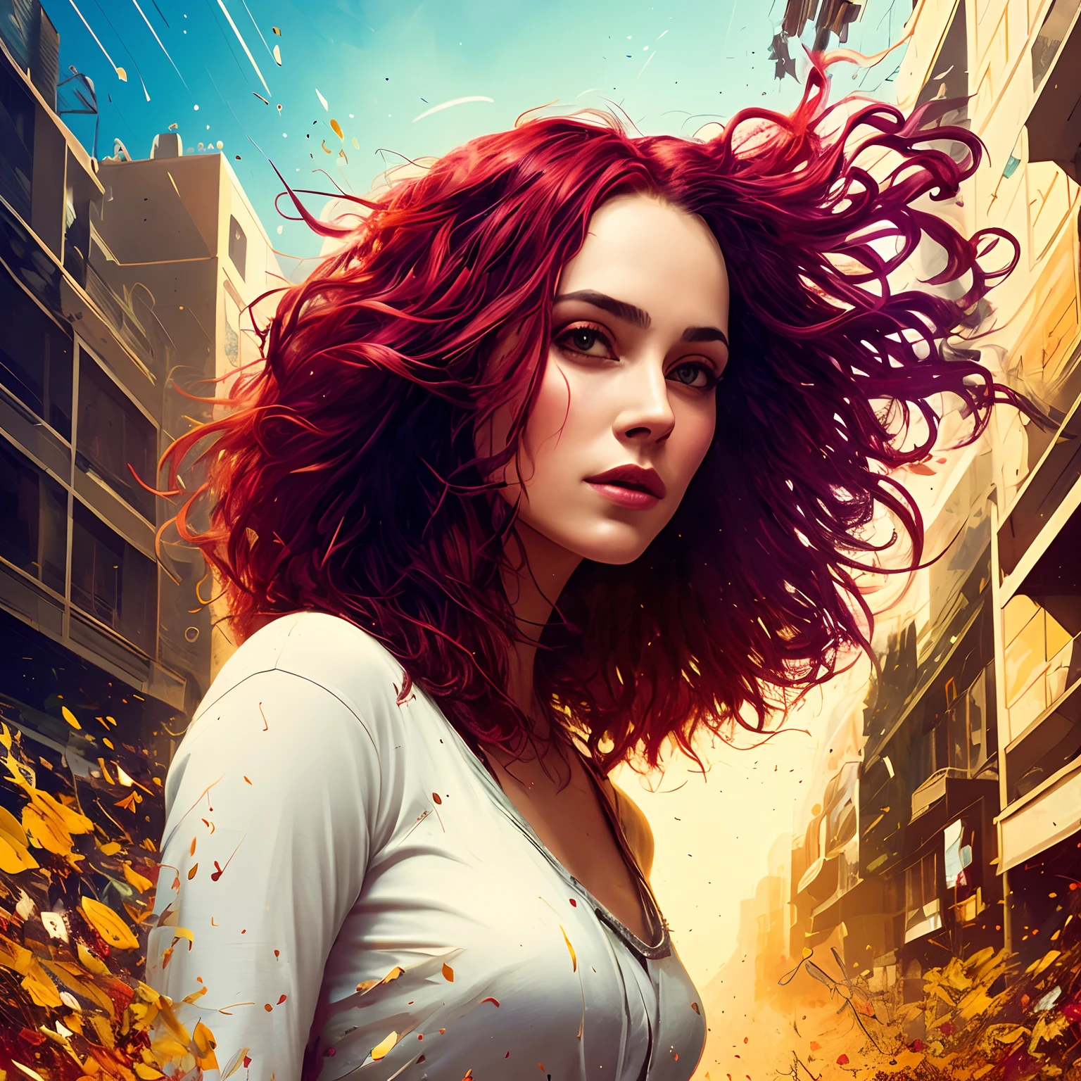Beautiful girl with long red hair in light clothes in the whole picture, Perfect centralization, Fantastic Black Gold Beam, rapture, Standing position, abstract beauty, Downtown, looking at the camera, facing the camera, On the way to perfection, dynamic, higly detailed, Smooth, Sharp focus, 8K, hight resolution, illustartion, art by Carne Griffiths and Wadim Kashin