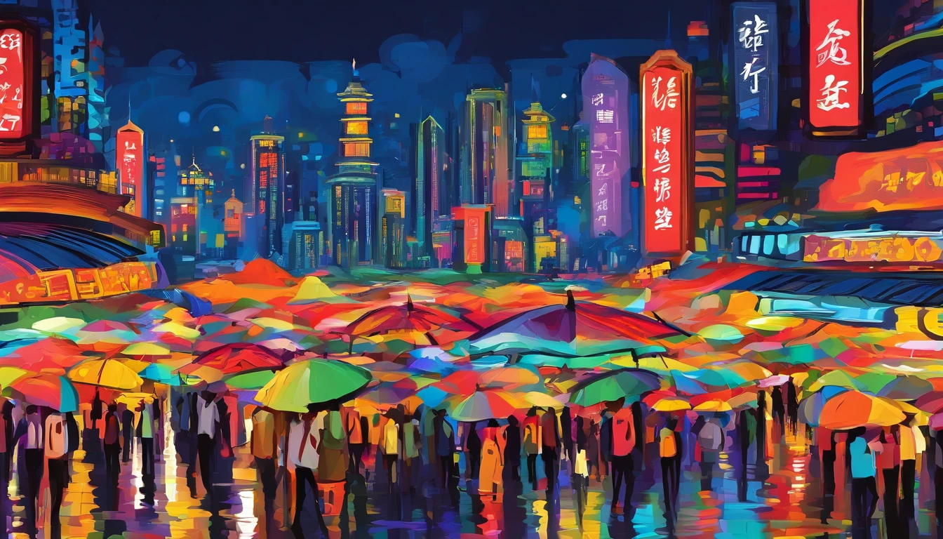 Night market from Beijing Guomao, rainy season, Large colorful umbrellas at the night market, People are buying and selling, In the distance is the skyline of the city buildings，There are rivers running through，Masterpiece oil painting, impasto painting.