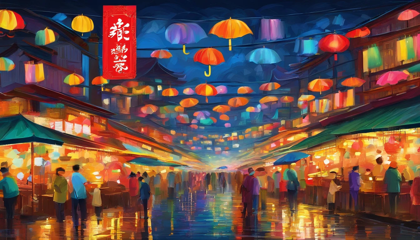 Night market from Beijing Guomao, rainy season, Large colorful umbrellas at the night market, People are buying and selling, In the distance is the skyline of the city buildings,There are rivers running through,Masterpiece oil painting, impasto painting.
