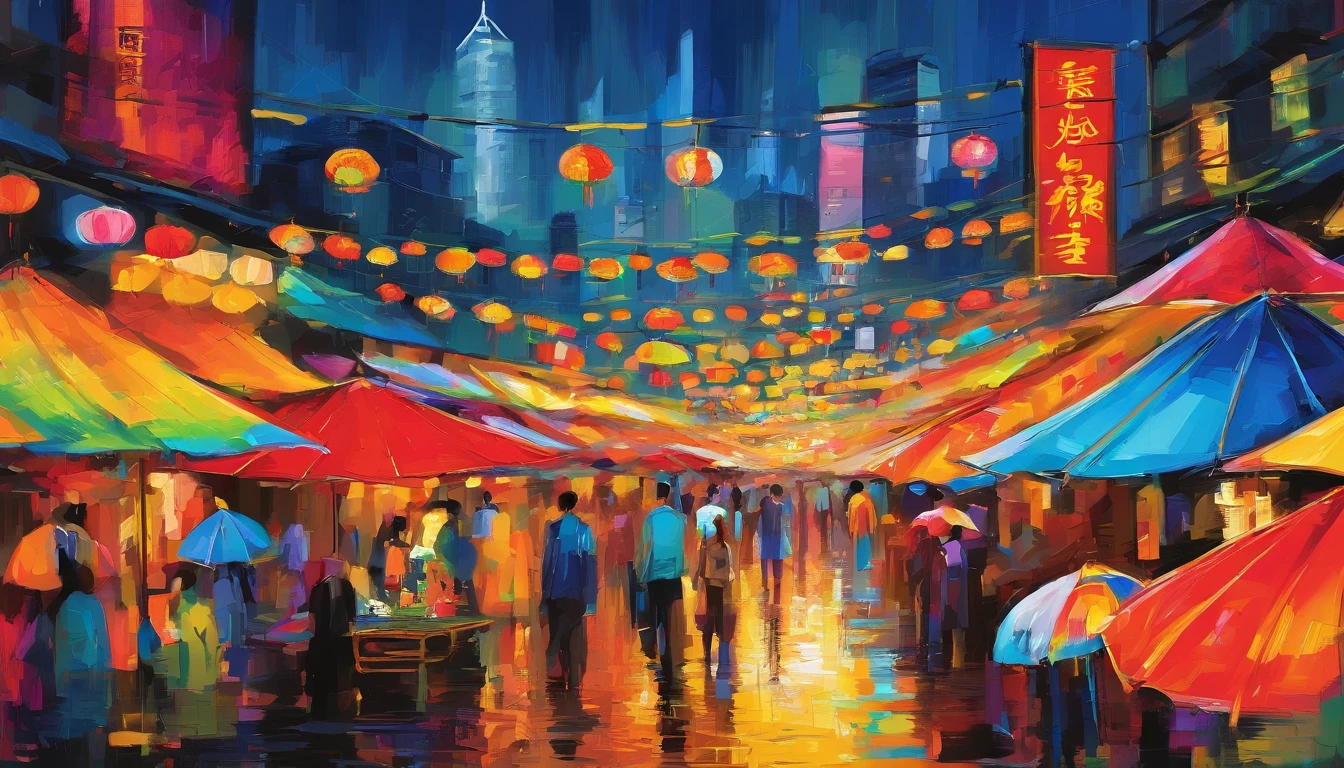 Night market from Beijing Guomao, rainy season, Large colorful umbrellas at the night market, People are buying and selling, In the distance is the skyline of the city buildings,There are rivers running through,Masterpiece oil painting, impasto painting.
