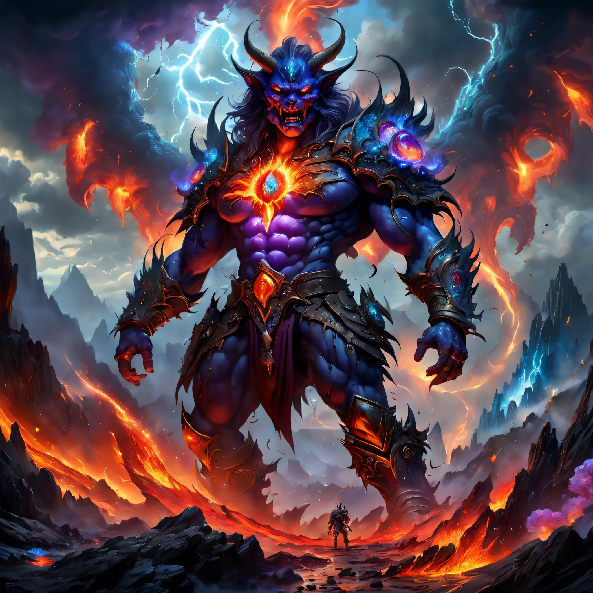 A heavily armed warrior fell from the sky,Doomsday landscape,a volcano erupts,fire glow,blasts,molten lava,A devil's face emerged from the smoke,Liquid lava,Paired with purple and blue, fantasy highly detailed, With gorgeous magic lightning rings, magia, beautiful detailed fantasy, hyper-high detail, , magic fantasy highly detailed, stuning fantasy 3 d render, Inspired by L. Highly detailed aesthetics, hyper-high detail,ssee-through,depth of fields,((Masterpiece)),(Best quality)),Magnificent space image scene,Beautiful and colorful crystals,surrealism, Super detail, ccurate, Best quality, hyper HD, Masterpiece, Anatomically correct, A high resolution, 16k