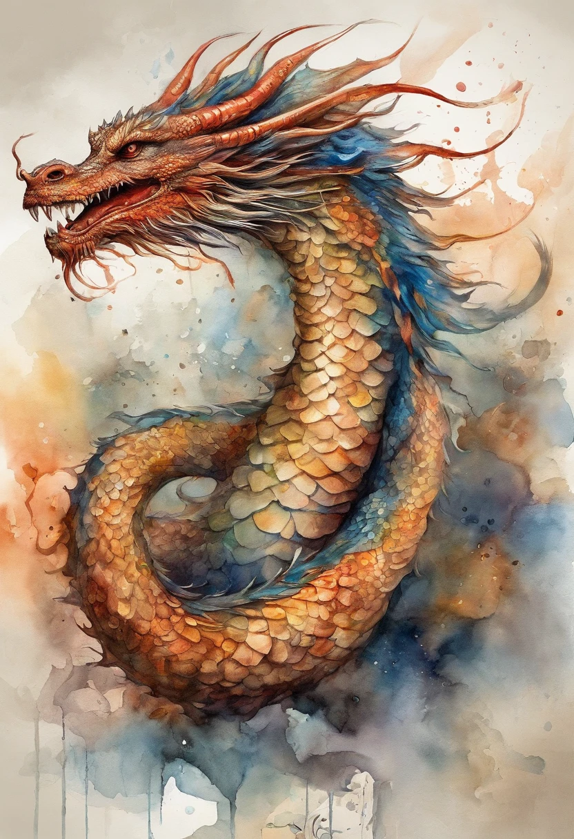In the world of watercolor,The dragon's posture is elegant and sturdy,Its body is curved and fluid,Every line drawn exudes vitality。The soft texture of watercolor,The rendering of color makes the whole picture full of movement,((s fractal art)),((tmasterpiece,best qualtiy,extremely detaile,超高分辨率,detailedbackground)),(((abstract backgrounds))),((a color)),blossoms