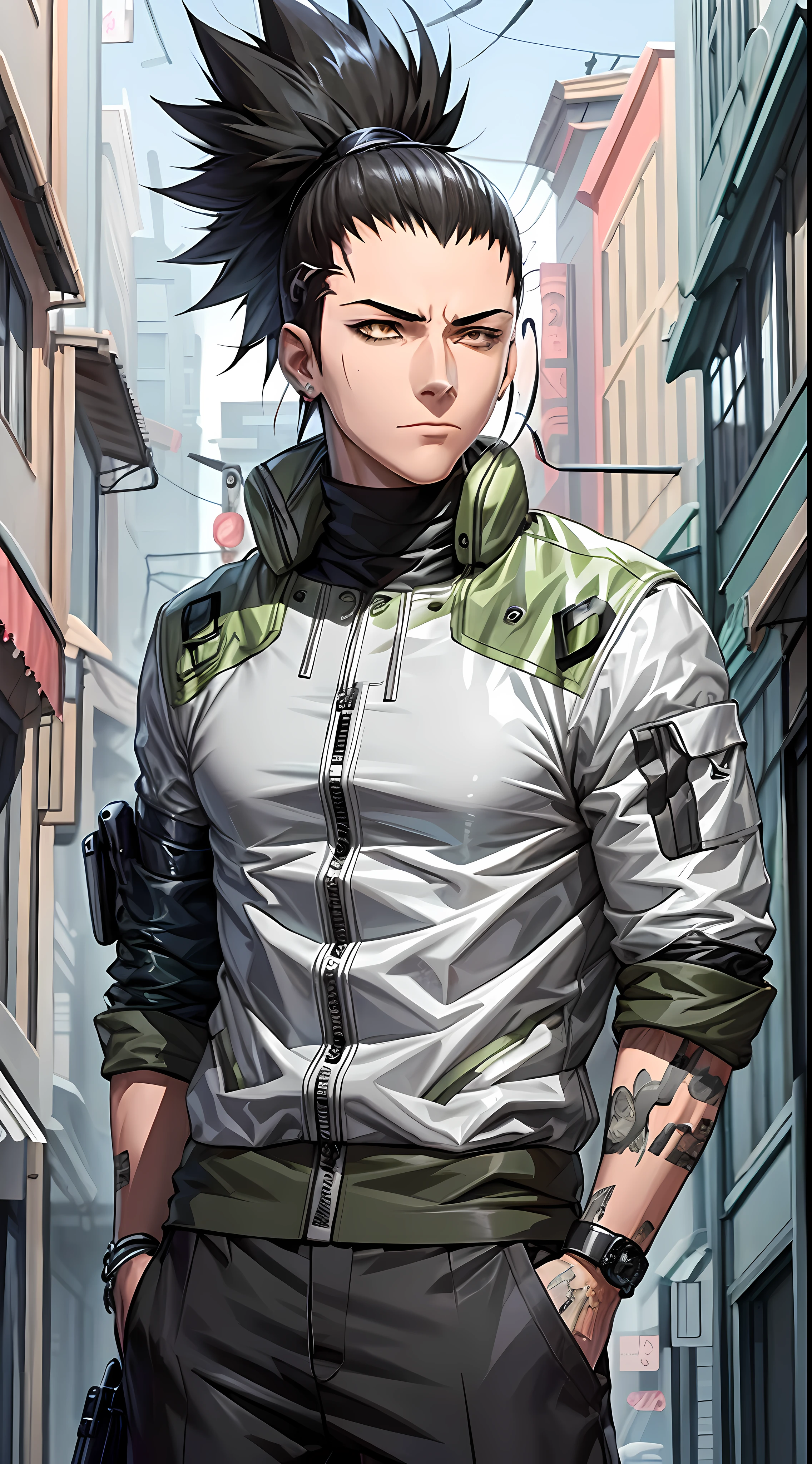 Masterpiece, 1boy, Superb Style, cyberpunk style, Streetwear clothes, Outdoor, Upper Body, Shikamaru nara, bright eyes, black hair, cool boy