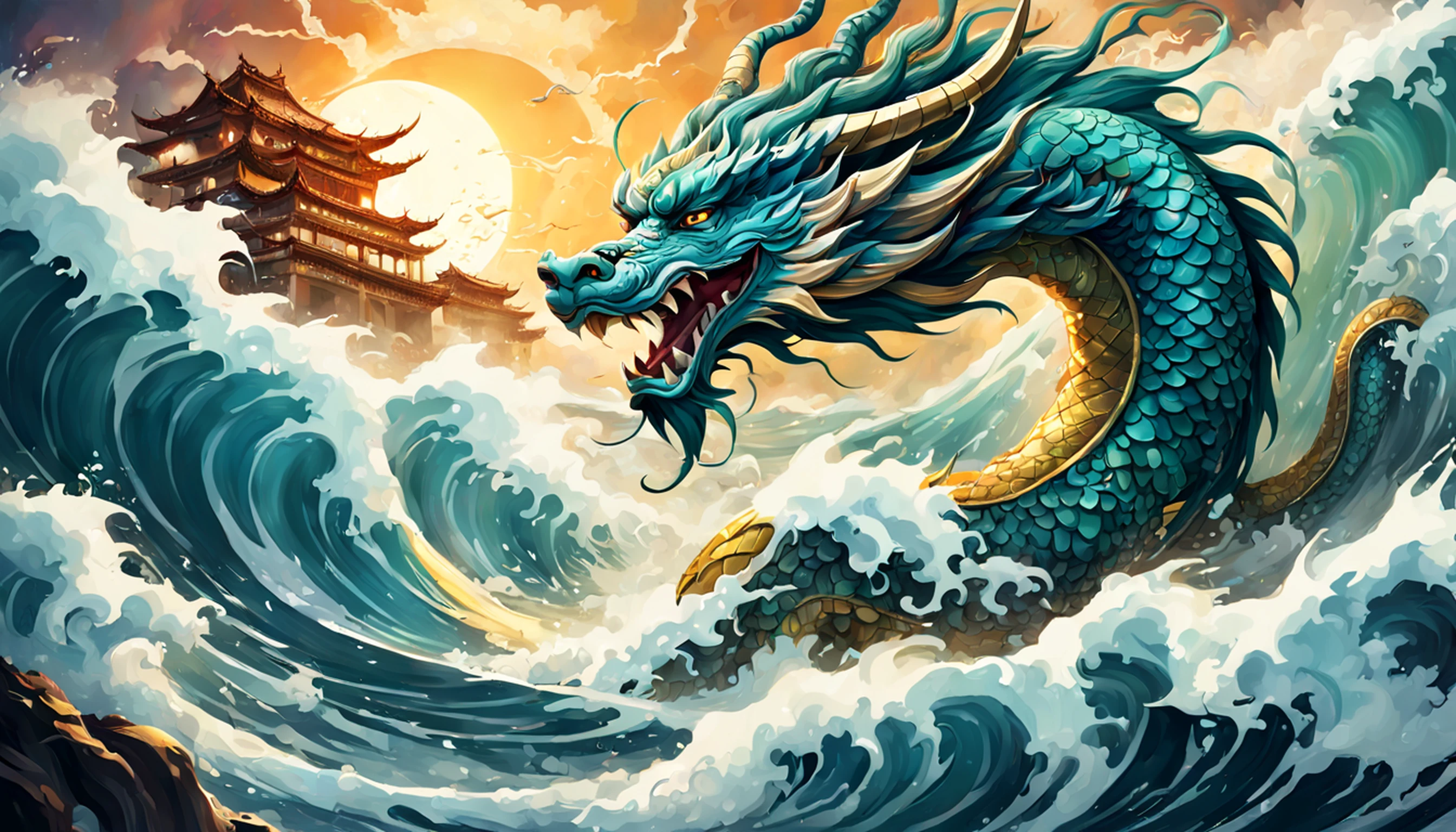 Estilo Vickers, The graphics in the poster design are ocean colors, Chinese dragon in ink painting,, um monge budista orando pacificamente, Like a water god, Viver no Mar do Norte, Controle tempestades no mar, An Ancient Chinese God, Super afiado,Realistic details,nuvens auspiciosas, profundidade de campos, Raio de Deus, fantasia colorir, Romantismo lain, art-deco, Cinematic lighting, profundidade de campo, brilho, deus luz, ray tracing, ultra-grande angular, perspectiva em primeira pessoa, Arremesso longo, hiper HD, alta qualidade, detalhes altos, pele texturizada, melhor qualidade