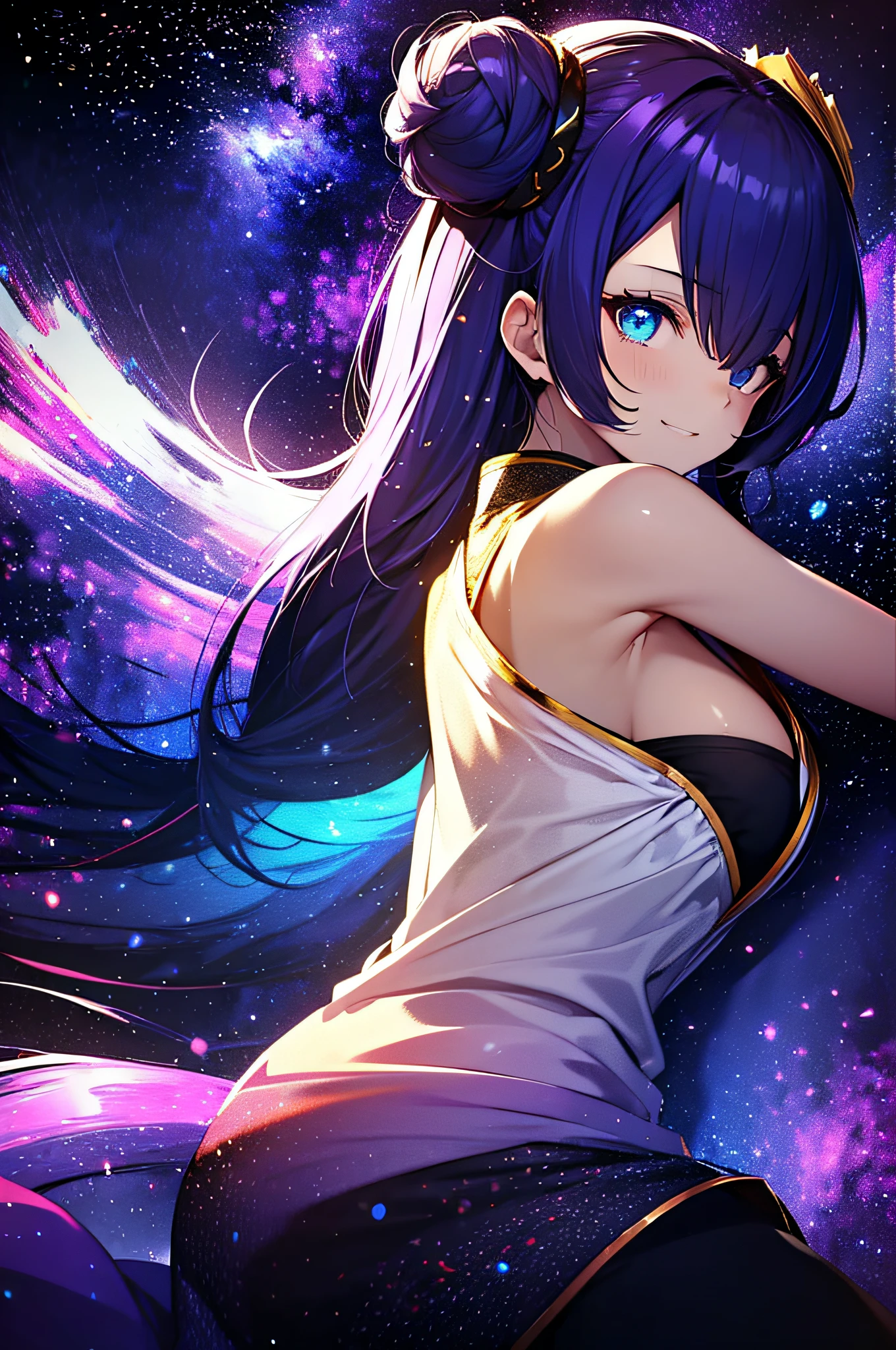 (masutepiece:1.3), (Best Quality:1.3), High resolution, Couboy Shot, Superb view on the back、(One Cute Girl:1.3), Solo, huge smile、A ring of iridescent angels floats above my head、Angel Ring、Superb view of the cityscape、Eight-headed body、Colorful starry sky,Long white T-shirt、Wrinkled white shirt、Posing for cleavage、Emphasizes cleavage、blacklight、qipao dress、Purple hair, (bobhair:1.2), Mixed mesh and light green、Bun hair, (Blunt bangs:1.2), Beautiful hair, Eyes are purple, Miraculous Eye、Light from the eyes、One eye is closed（1:4）、Beautiful detailed eyes, ultradetailed eyes、Golden Eyes、Glitter eyes,from the rear、Colorful starry sky,Stars,Iridescent aura around the eyes、Lie down and stick your hips out、Iridescent eyes、Narrowed eyes sucked in,Wearing a rainbow-colored aura from the whole body、 Shadow lighting