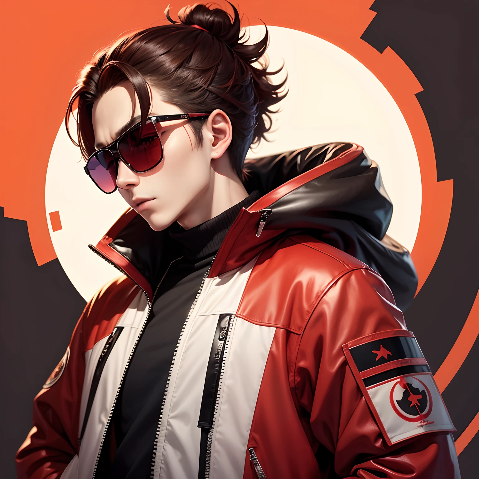 Ant animal, with red puffer jacket, sun glasses, anime style, face the viewer, upper body profile, white background