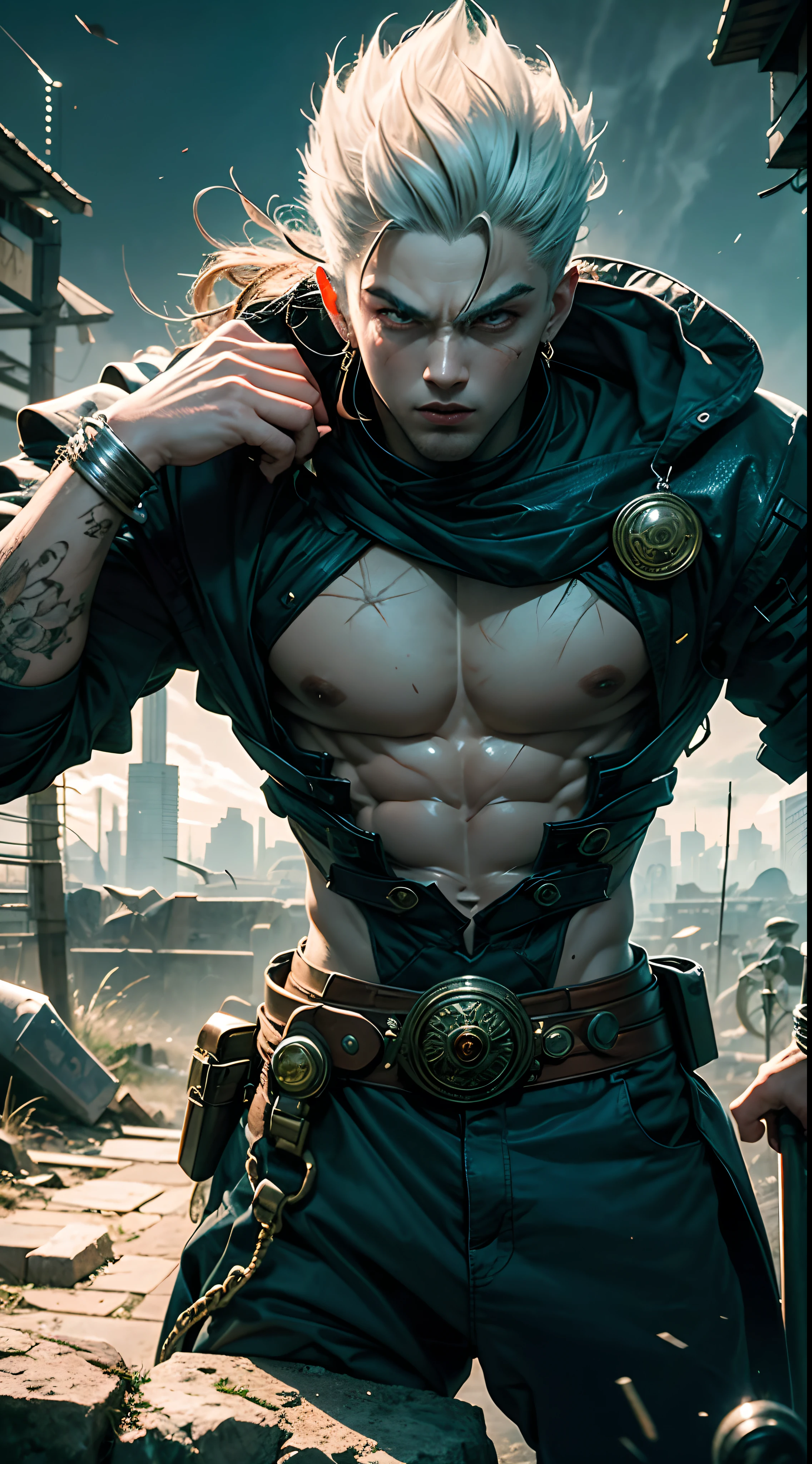 Vemon, the 5, 20 year old super sayagin with fair skin is a true masterpiece of male beauty, anatomically perfect from the modern man standing tall in an abandoned haunted city. Moonlight accentuates your muscles and scars. The landscape is lush and mysterious, with the dark city. Surroundings. The camera details everything. When looking at beautiful eyes, having sexy eyes will attract the opposite His eyes are on the viewer, you can clearly see every little detail and every perfect line, every beautiful skin detail in 8K quality, everyone is captivated by the confidence that exudes from every glance. His head has white hair and his face is painted with meticulous detail using 8K quality images. Is a character in the series Dragon Ball Seven. gliulian art style, highly detailed official artwork, jin shan, official art