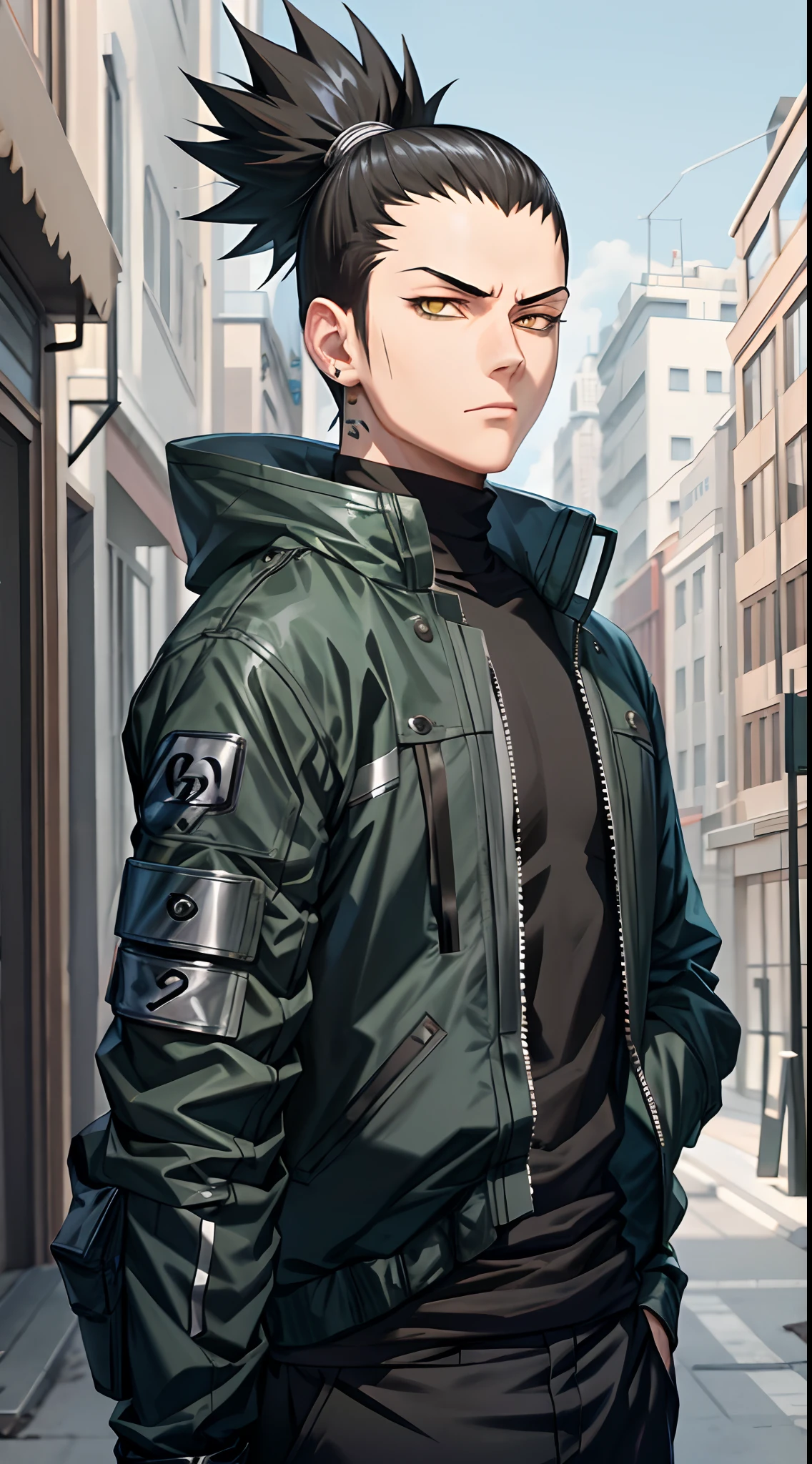 Masterpiece, 1boy, Superb Style, cyberpunk style, Streetwear clothes, Outdoor, Upper Body, Shikamaru nara, bright eyes, black hair, cool boy