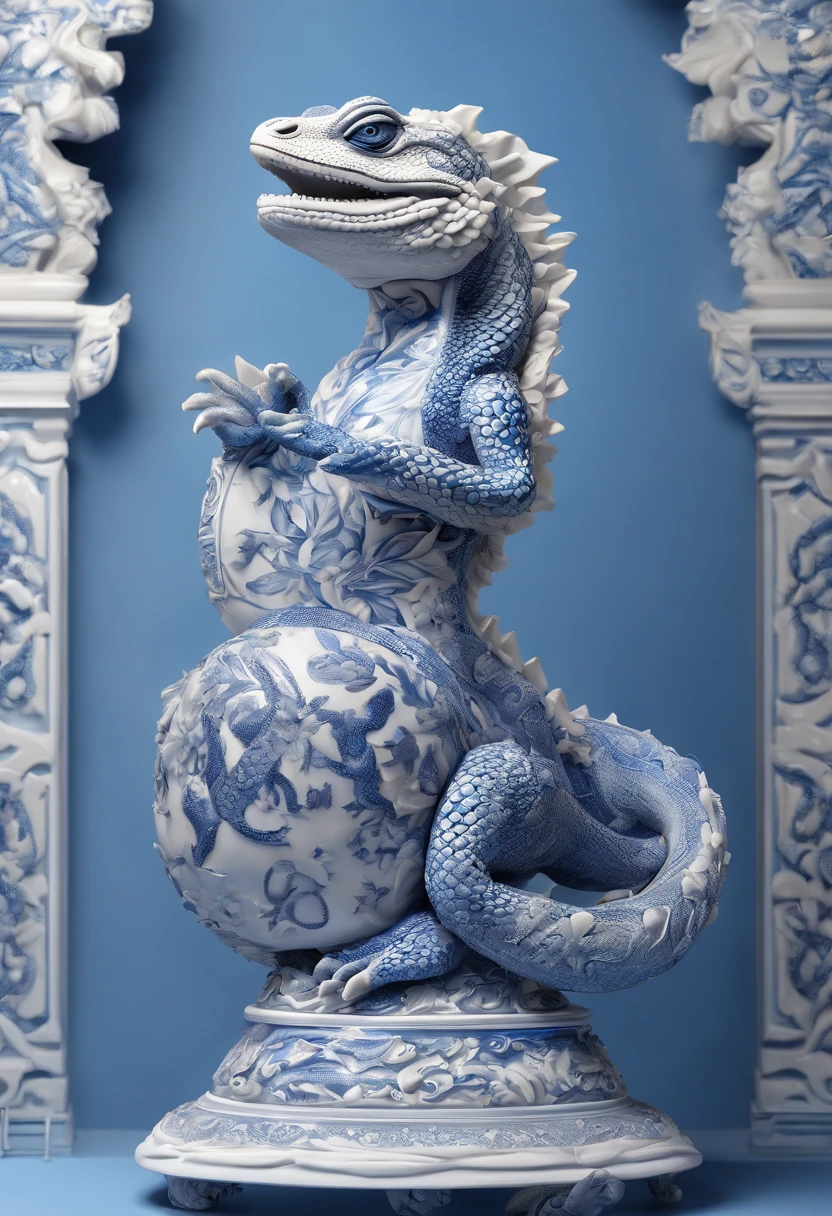 Blue and white porcelain,Ceramic material，Ancient Chinese mythical beasts，On a table，solid，artwork of a，Ornaments， high detail,3D， Chiaroscuro, Cinematic lighting, god light, Cinematic lighting, hyper HD, High details, Best quality, A high resolution, Textured skin