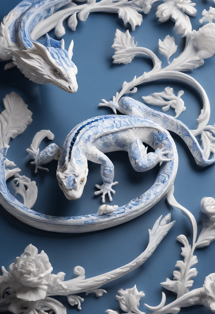 Blue and white porcelain,Ceramic material,lizard,Ornaments,Three-dimensional sculpture,artwork of a,High detail,3D,Chiaroscuro, Cinematic lighting, god light, Cinematic lighting, hyper HD, High details, Best quality, A high resolution, Textured skin