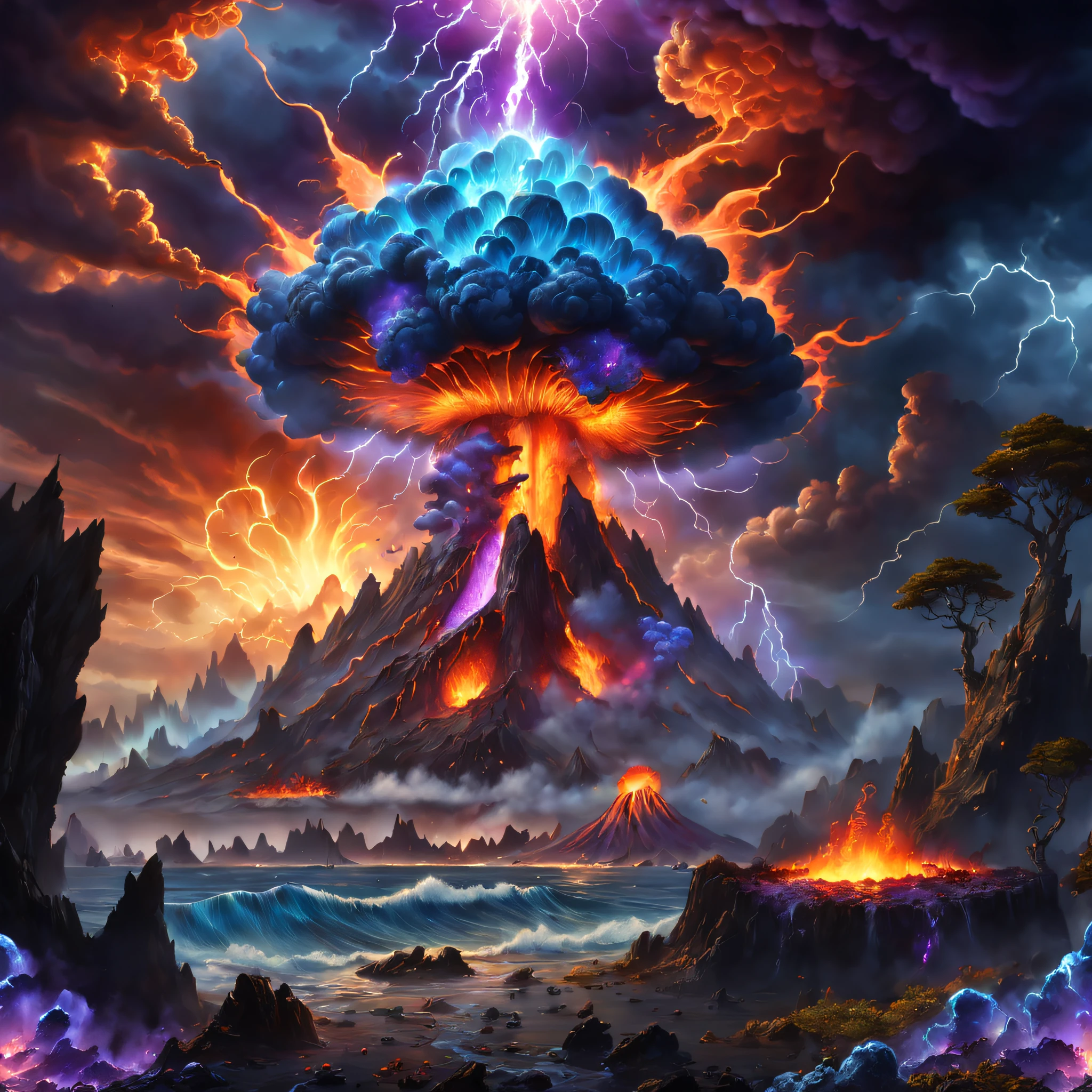 Doomsday landscape,a volcano erupts,fire glow,blasts,molten lava,A devil's face emerged from the smoke,a sea of fire,Nuclear explosion mushroom cloud explosion site,Paired with purple and blue, fantasy highly detailed, With gorgeous magic lightning rings, magia, beautiful detailed fantasy, hyper-high detail, , magic fantasy highly detailed, stuning fantasy 3 d render, Inspired by L. Highly detailed aesthetics, hyper-high detail