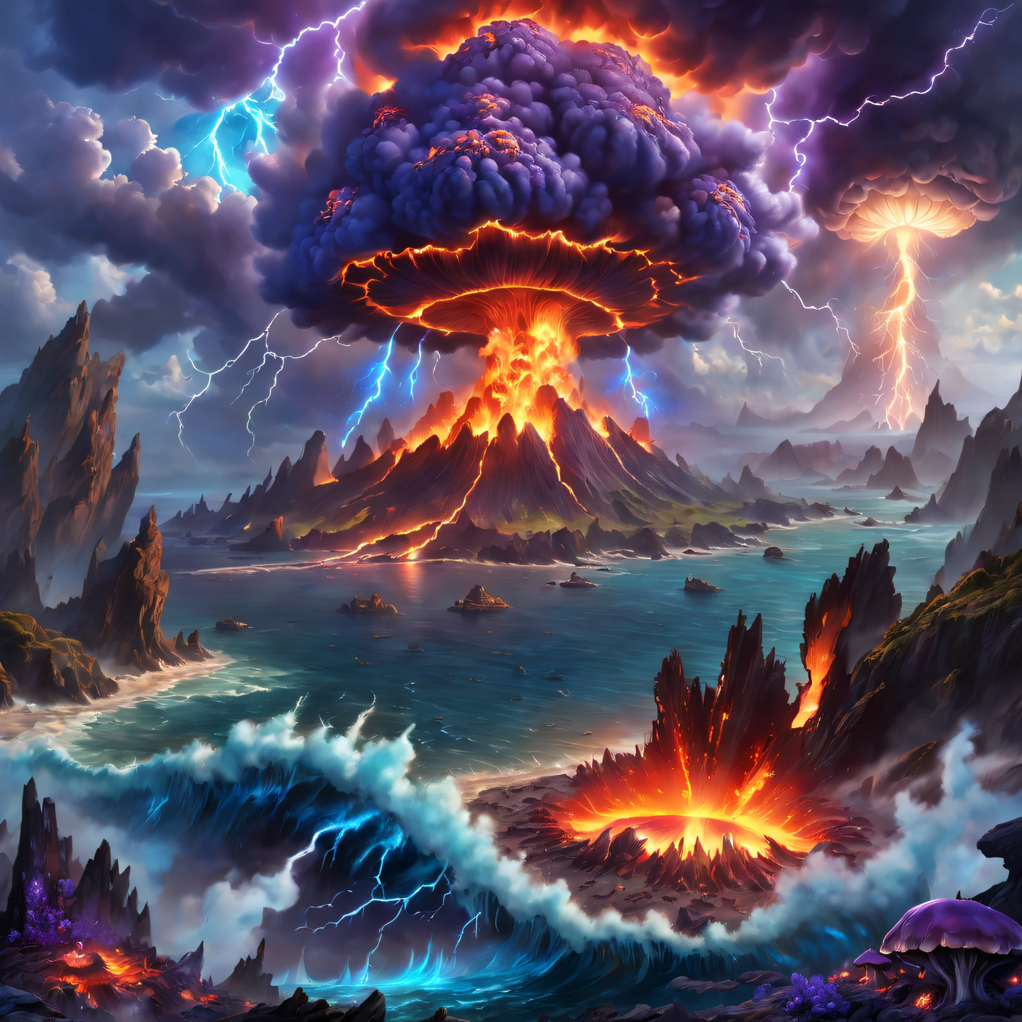 Doomsday landscape，a volcano erupts，fire glow，blasts，molten lava，dense smoke，a sea of fire，Nuclear explosion mushroom cloud explosion site，Pair with purple and blue gemstones, fantasy highly detailed, With gorgeous magic lightning rings, magia, beautiful detailed fantasy, hyper-high detail, , magic fantasy highly detailed, stuning fantasy 3 d render, Inspired by L. Highly detailed aesthetics, hyper-high detail