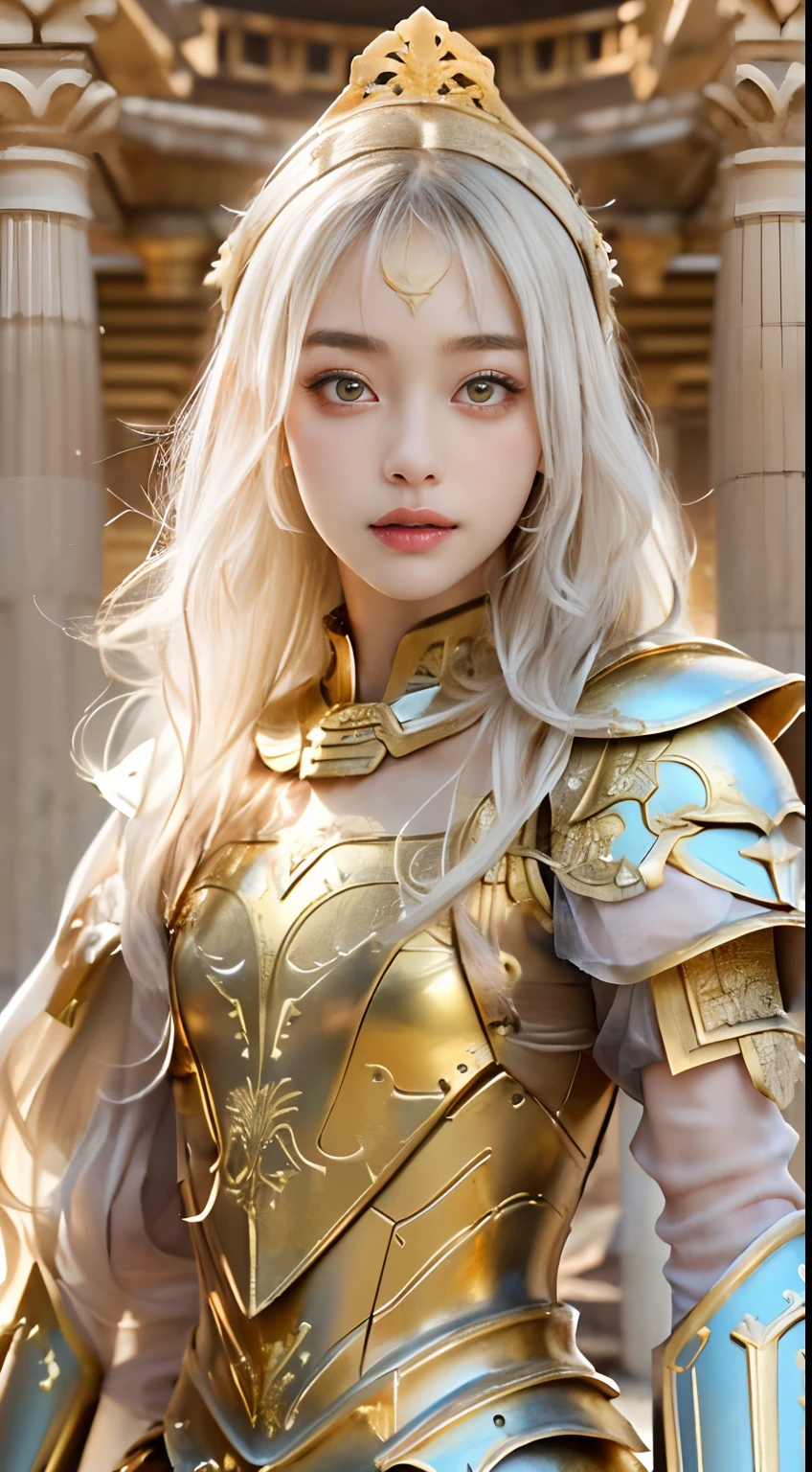 (top-quality), Realistic, (real picture, Intricate details), ((golden armor, armored dress, delicately decorated armor)), (small chest:1.4), (Japanese college girl), ((standing in Greek Temple In the desert)), ((intelligent face, neat face:1.1, parted lips)), (Fair skin), wavy white hair, long hair, sunlight