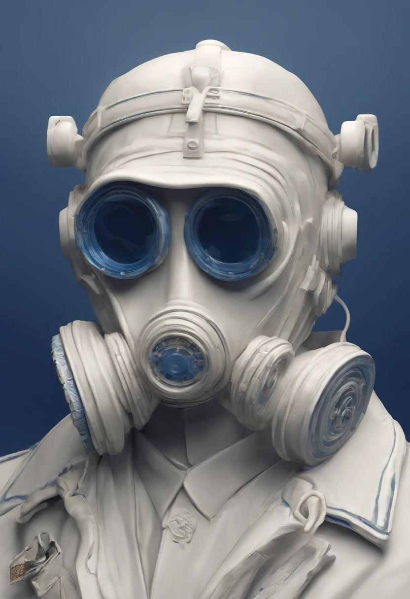Blue and white porcelain,Ceramic material,World War II American GI,Ornaments,Gas masks,head portrait,Three-dimensional sculpture,artwork of a,High detail,3D,Chiaroscuro, Cinematic lighting, god light, Cinematic lighting, hyper HD, High details, Best quality, A high resolution, Textured skin