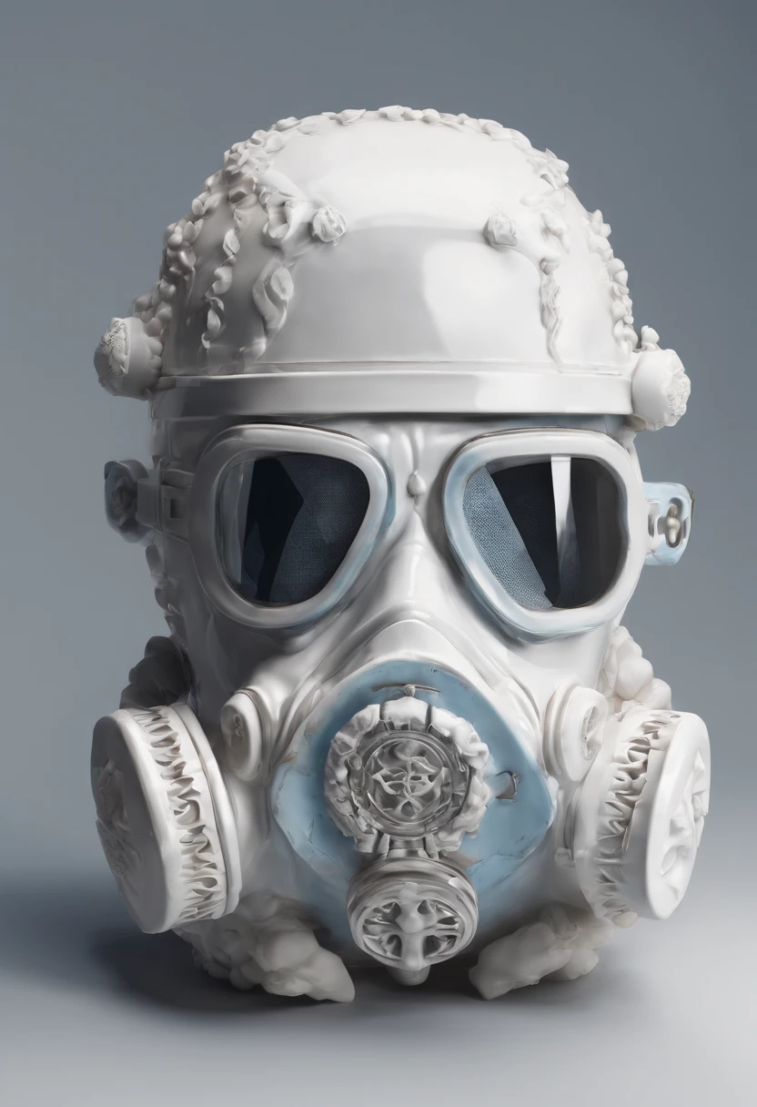 Blue and white porcelain,Ceramic material,World War II American GI,Ornaments,Gas masks,head portrait,Three-dimensional sculpture,artwork of a,High detail,3D,Chiaroscuro, Cinematic lighting, god light, Cinematic lighting, hyper HD, High details, Best quality, A high resolution, Textured skin