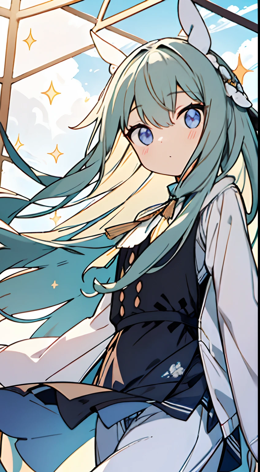 masuter piece, Best Quality,32K、Wallpaper, ultra -detail, Absurd beauty, 1Beautifulwoman、Big eyes with sparkly、Hair fluttering in the wind、:O、Smaller head、Slender long legs、miscievous smile、Angle looking up from below:1.5、Angle from which you can see the whole body