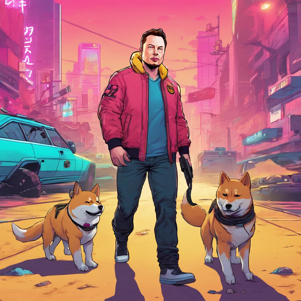 elon musk with shiba inu walk i cyberpunk 2077 city