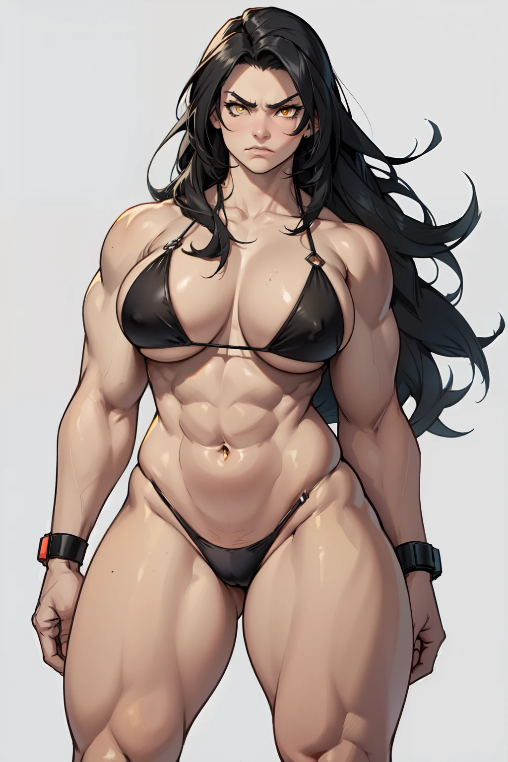 grey background micro bikini 1girl black hair yellow eyes very long hair pale skin angry (bodybuilder huge breasts muscular toned body curvy wide hips thick thighs)