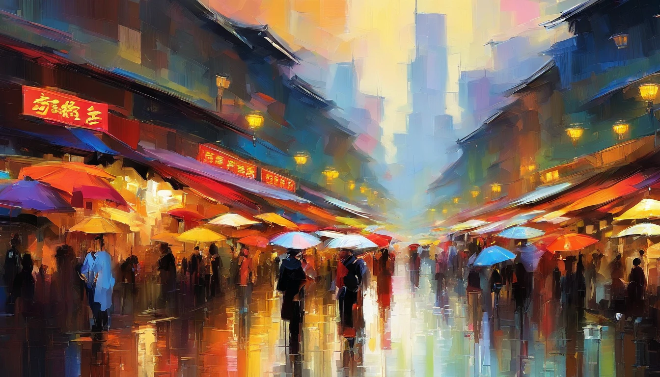 Daytime from Beijing Guomao, rainy season, Large colorful umbrellas at the night market, People are buying and selling, In the distance is the skyline of the city buildings，There are rivers running through，Masterpiece oil painting, Drawing by Mark Lague.