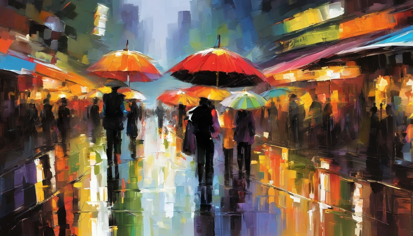Daytime from Beijing Guomao, rainy season, Large colorful umbrellas at the night market, People are buying and selling, In the distance is the skyline of the city buildings,There are rivers running through,Masterpiece oil painting, Drawing by Mark Lague.