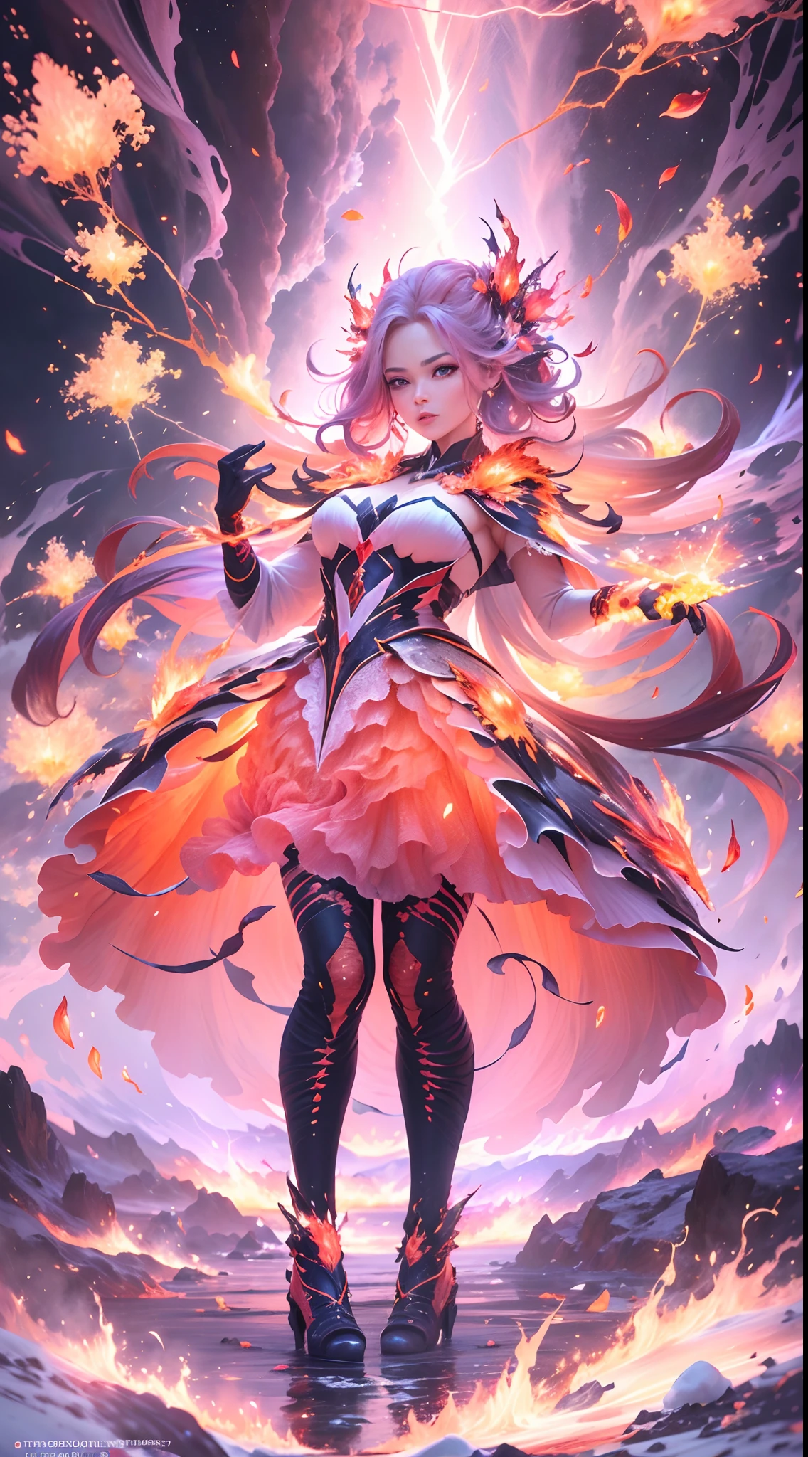 (Huge volcanic eruptions),magma, Glowing embers, vibrant contrast, (Peach blossom tree),Frozen sparks, Dynamic composition, (Lightning),Dramatic lighting, Enigmatic Atmosphere, Ethereal beauty, Explosive, A mesmerizing spectacle, A fascinating fusion, Contrasting elements, Engaging movement, An otherworldly experience, Mesmerizing dreams, Surreal landscape, blazing infero, Frozen Realm, Enchanting dance, The power to fascinate.Best quality, Ultra-detailed, A high resolution, Masterpiece:1.2, hdr, hyper HD, Studio lighting, Extreme detail description, Vivid colors, Bokeh, Realistic, Photorealistic:1.37, Surreal, Icy reflections,