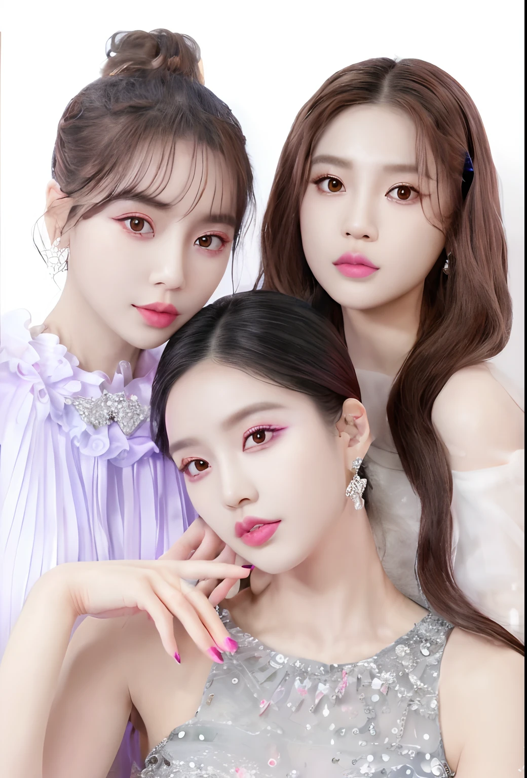 three young women posing for a picture in a studio, album art, popular south korean makeup, blackpink, perfume, portrait of kpop idol, official artwork, official fanart, portrait of jossi of blackpink, popular korean makeup, xision wu, yanjun chengt, headshot profile picture, korean idol, 3 colour, 💣 💥, luts, sakimichan