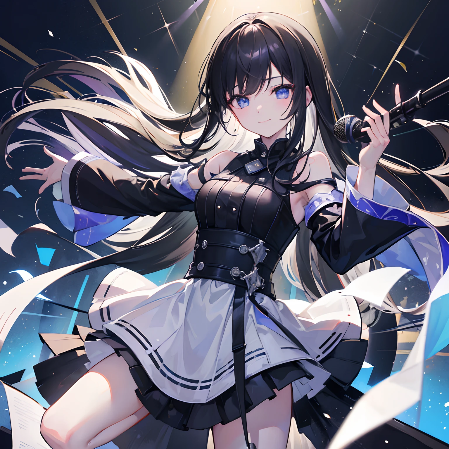 (Yuuki Setsuna), cool, dramatic pose, (masterpiece, best quality, ultra detailed), (cinematic lighting), blue idol costume, on bed,