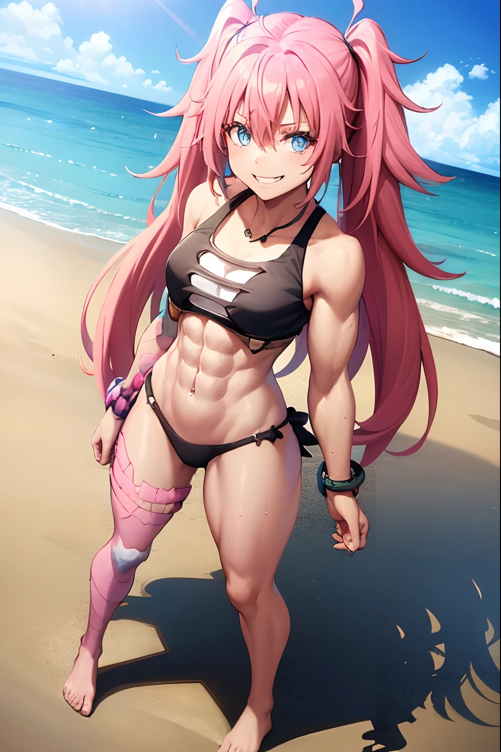 ((female)), (very messy hair), (happy smile), Fangs, ((ripped abs)), toned arms and legs, medium breasts, Excessive sweat, (summer beach scene), bright blue eyes, ( (pink hair)), barefoot, standing, ((full body photo))