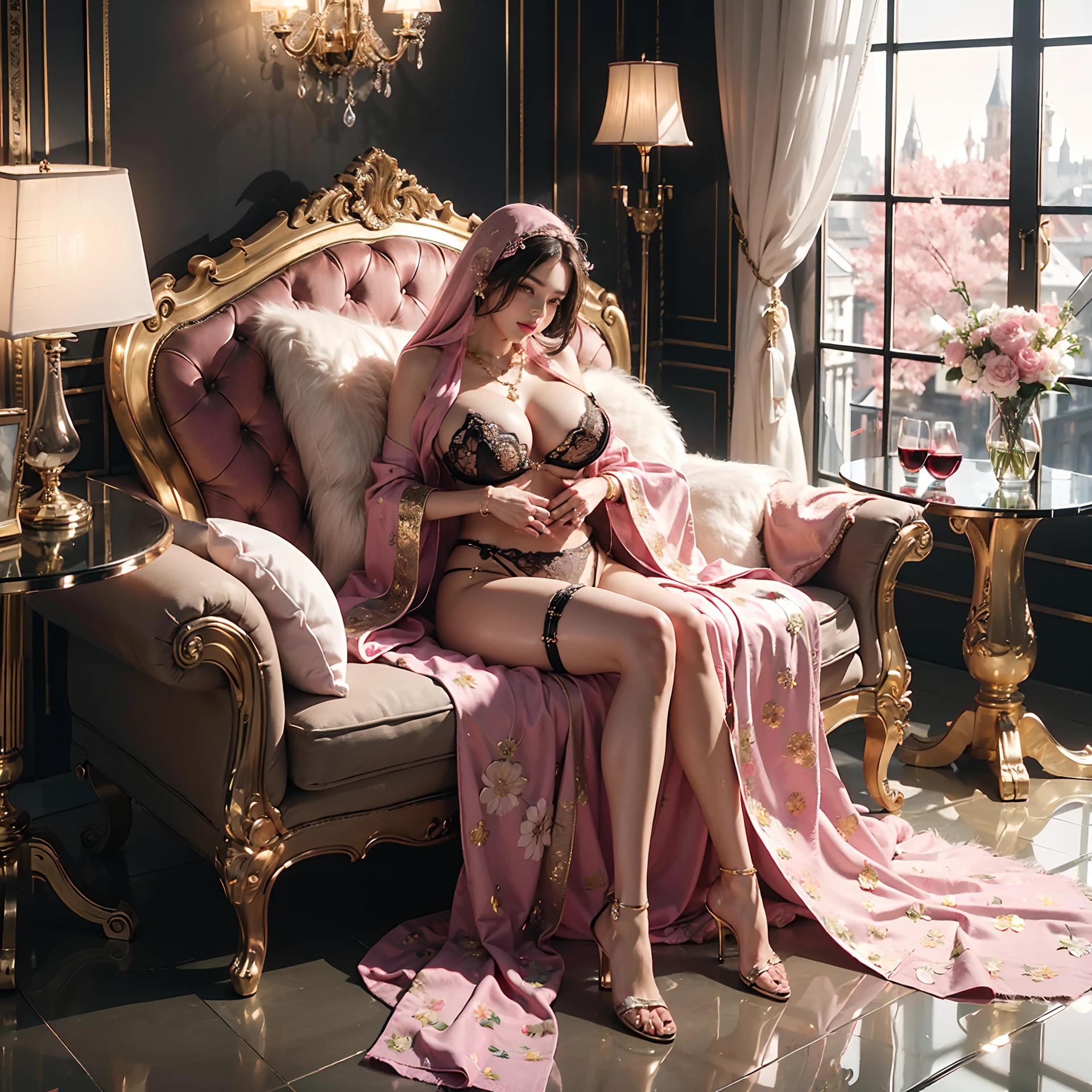 (beautifull lady with gigantic breast, wear luxury hijab, hug luxury pillow), (luxury blanket), (window with luxury frame), (luxury flower vase), (luxury glass table and glass of wine), (luxury lamp), (luxury perfume bottle),(luxury canddle), (luxury chair), (luxury pink bra), (luxury kimono), (luxury garter belt), (luxury stocking), (luxury high heels), (luxury head ornament), (show cleaveage), (show underboobs) , (show sideboobs), (show thigh), (underboobs ornament), (chest ornament),  (arm ornament), (hips ornament), flower necklace, (gigantic breast:1,9), beautifull pink sakura tree, realistic pink flower, beautifull face, beautifull eyes, beautifull nose, sexy lips, pink nails, raytracing, nsfw, beautifull fingers, beautifull hands, sexy belly, sexy body, sexy shoulders, sexy legs, sexy hips, slim figure, (luxury bracelet), (luxury ring), (luxury necklace), white skin, full body picture, pretty makeup, good lighting, realistic shadow, professional photography, pink and gold color scheme, 4k resolution, (beautifull panorama painting on the wall with luxury frame)