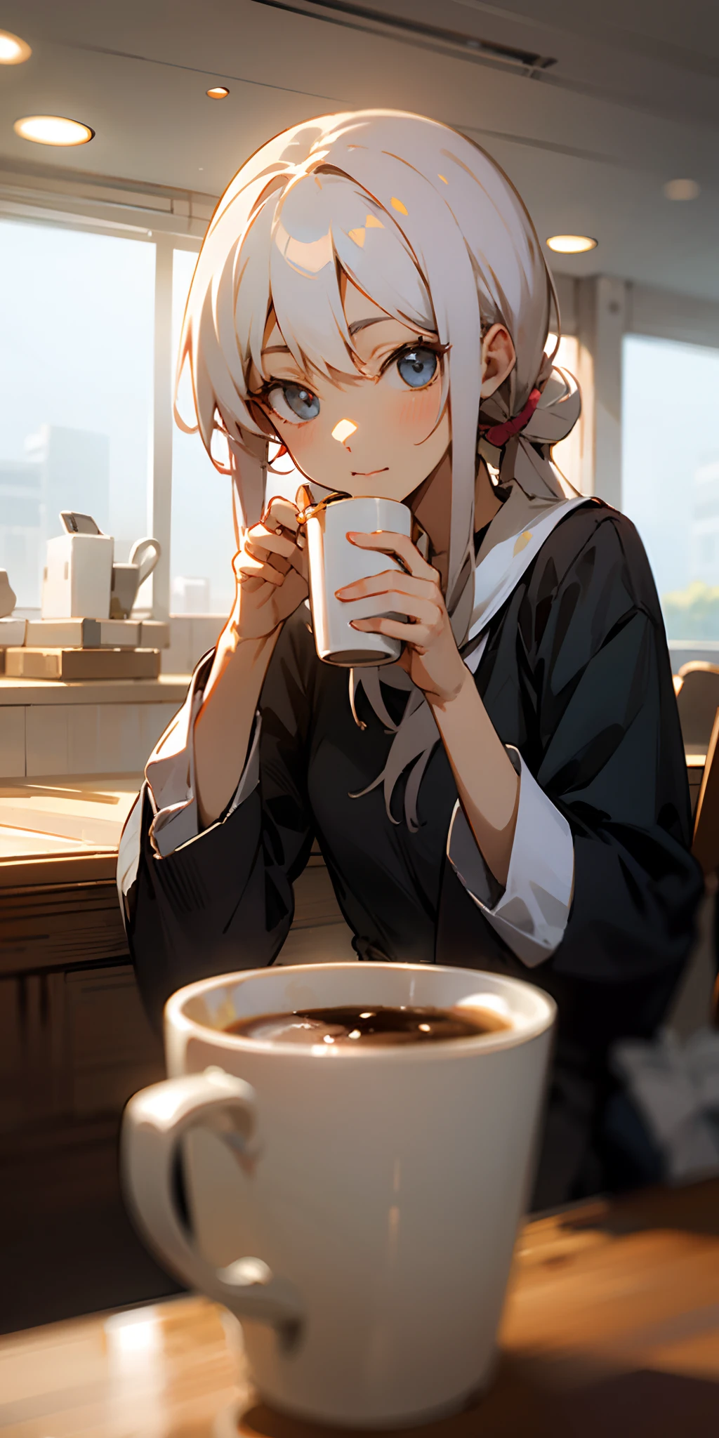 Anime girl enjoying cofee alone