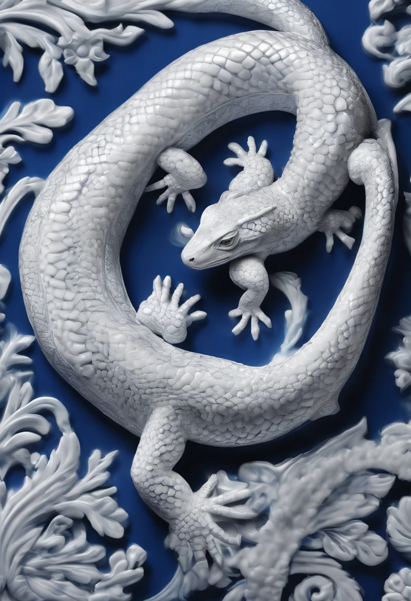 Blue and white porcelain,Ceramic material,lizard,Ornaments,Three-dimensional sculpture,artwork of a,High detail,3D,Chiaroscuro, Cinematic lighting, god light, Cinematic lighting, hyper HD, High details, Best quality, A high resolution, Textured skin