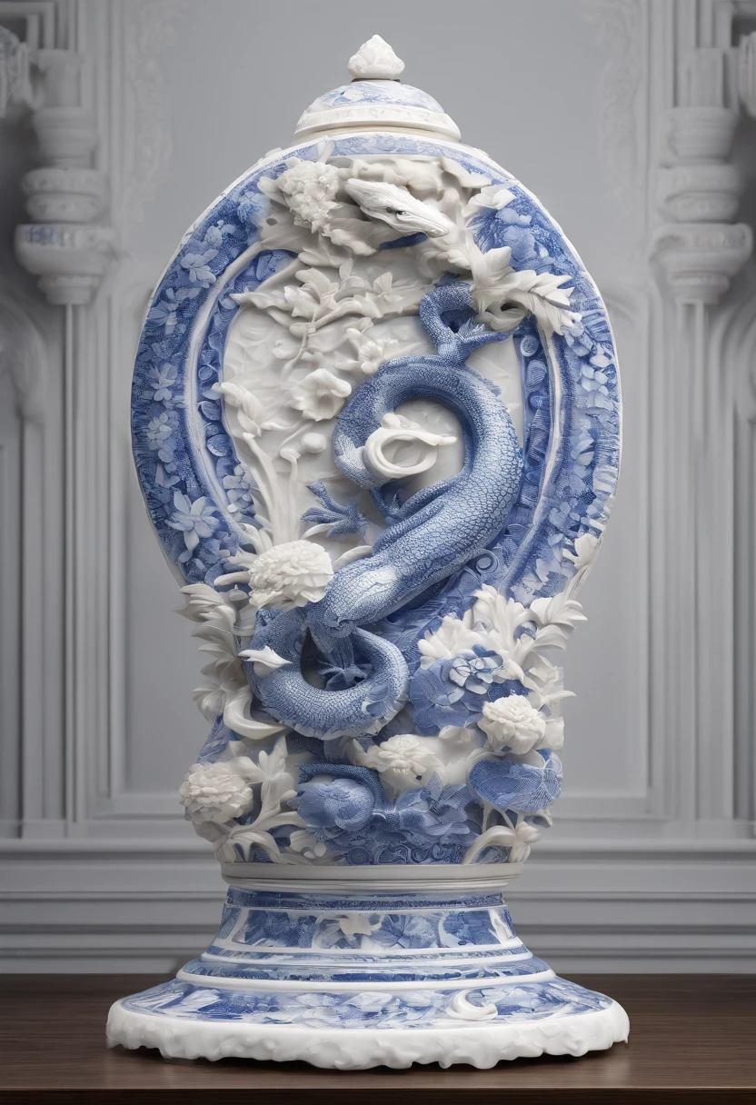 Blue and white porcelain,Ceramic material,lizard,Ornaments,,artwork of a,High detail,3D,Chiaroscuro, Cinematic lighting, god light, Cinematic lighting, hyper HD, High details, Best quality, A high resolution, Textured skin